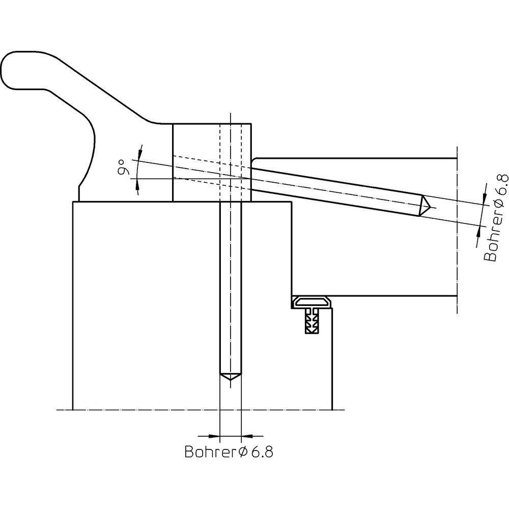 Technische Zeichnung eines Griffmechanismus mit einem Winkel von 9 Grad. Enthält detaillierte Messungen für Bohrlöcher mit Durchmessern von 6,8 und 6,6.