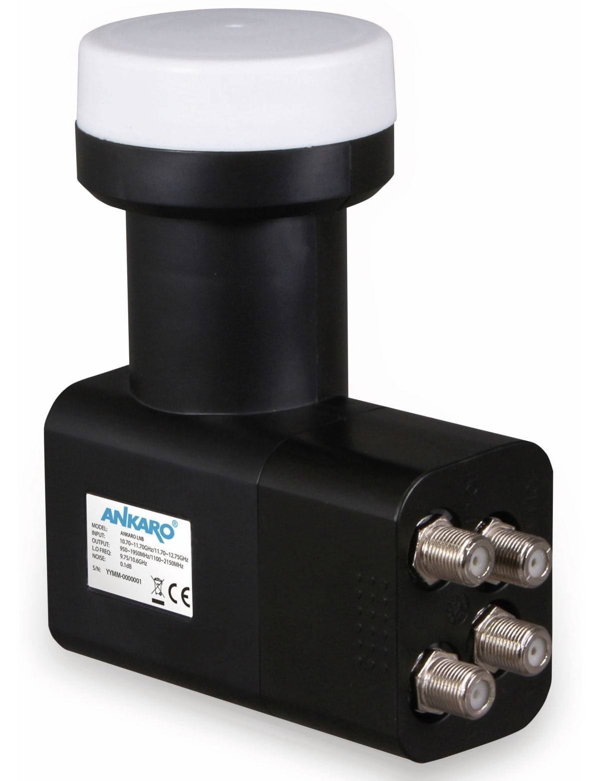 Ein Satellit-LNB-Gerät mit quaderförmigem Körper und abgerundeter Oberseite, ausgestattet mit vier koaxialen Kabelanschlüssen zur Signalverteilung.