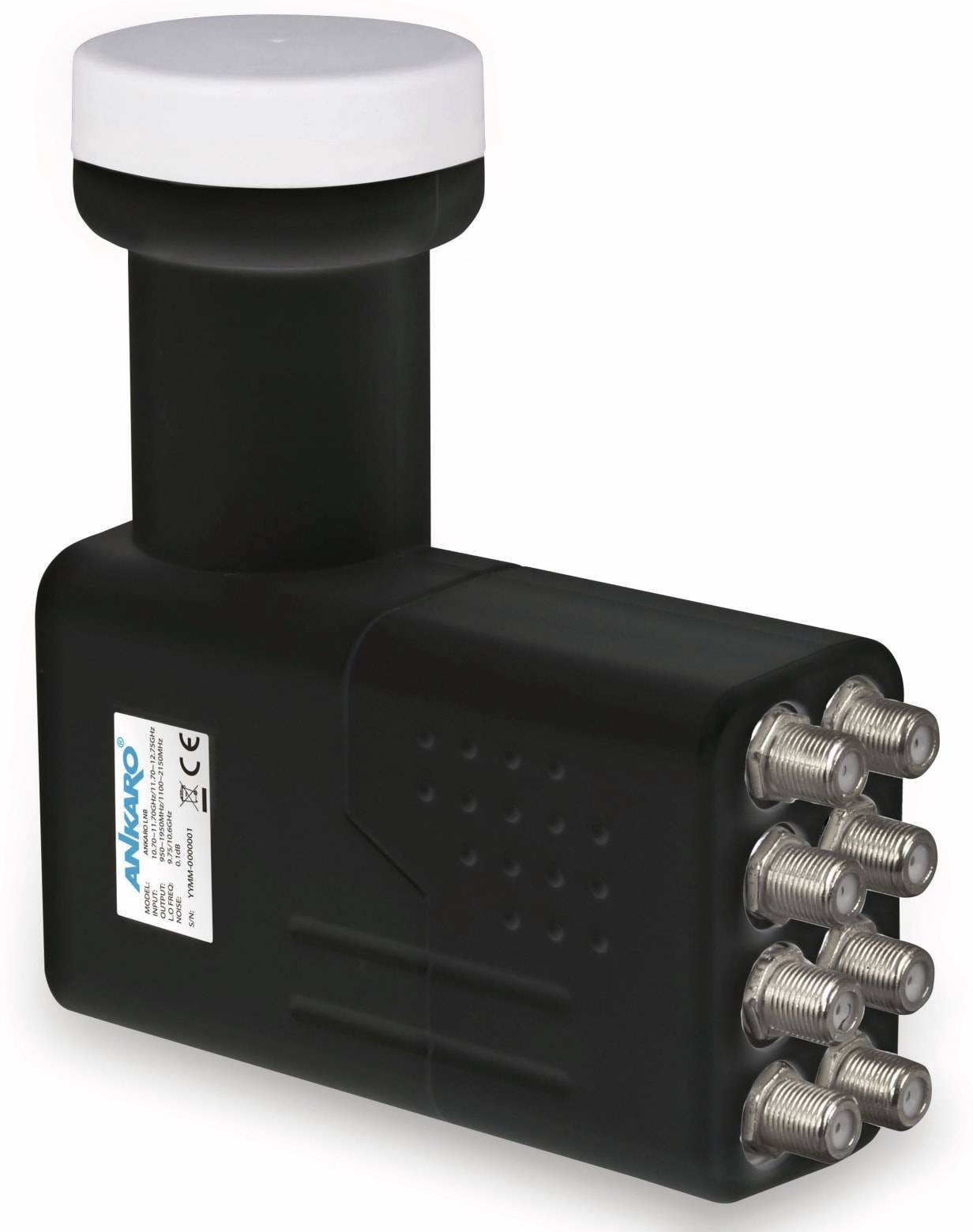 Ein Satellitenfernsehen-Schüssel-LNB mit mehreren Koaxialkabelsteckern auf einer Seite, das für die Verteilung von Signalen an mehrere Empfänger ausgelegt ist.