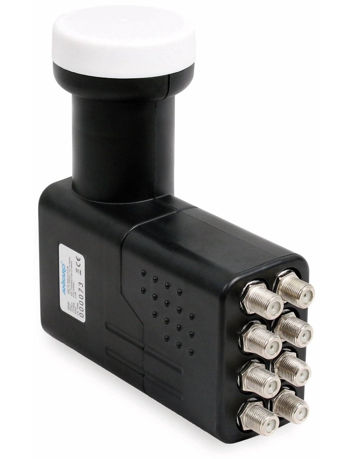 Ein schwarzes LNB-Gerät mit acht koaxialen Ausgängen für Satellitenfernsehen, entwickelt für die Signalverteilung mit mehreren Speisepunkten.