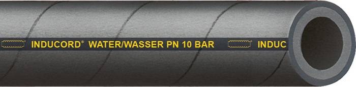 Eine Nahaufnahme eines Rohres mit dem Aufdruck 'WASSER PN 10 BAR' in gelber Schrift auf einem dunklen Band um seinen Umfang.