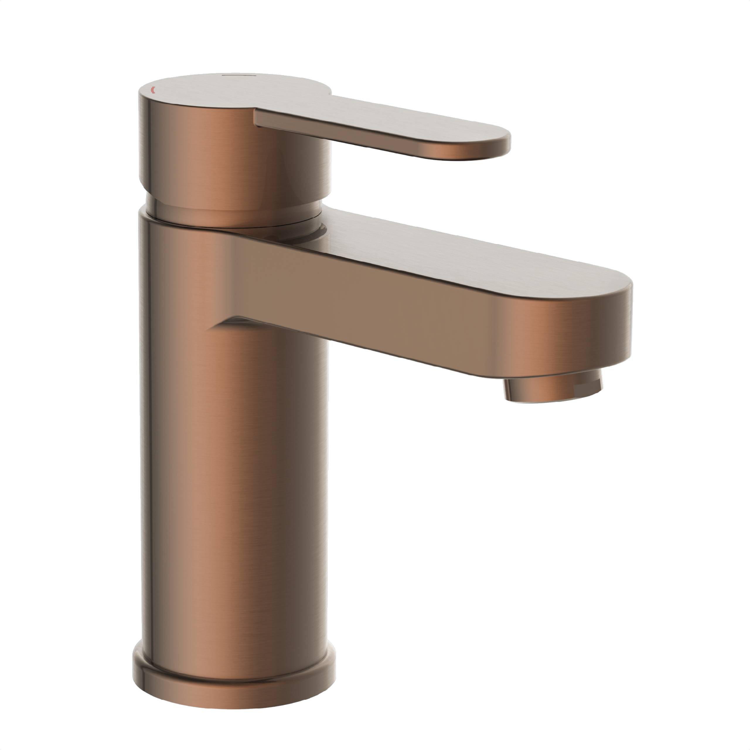 Ein schlanker, moderner Bronzehahn mit einem einhebel-Griff wird vor einem schlichten weißen Hintergrund gezeigt.