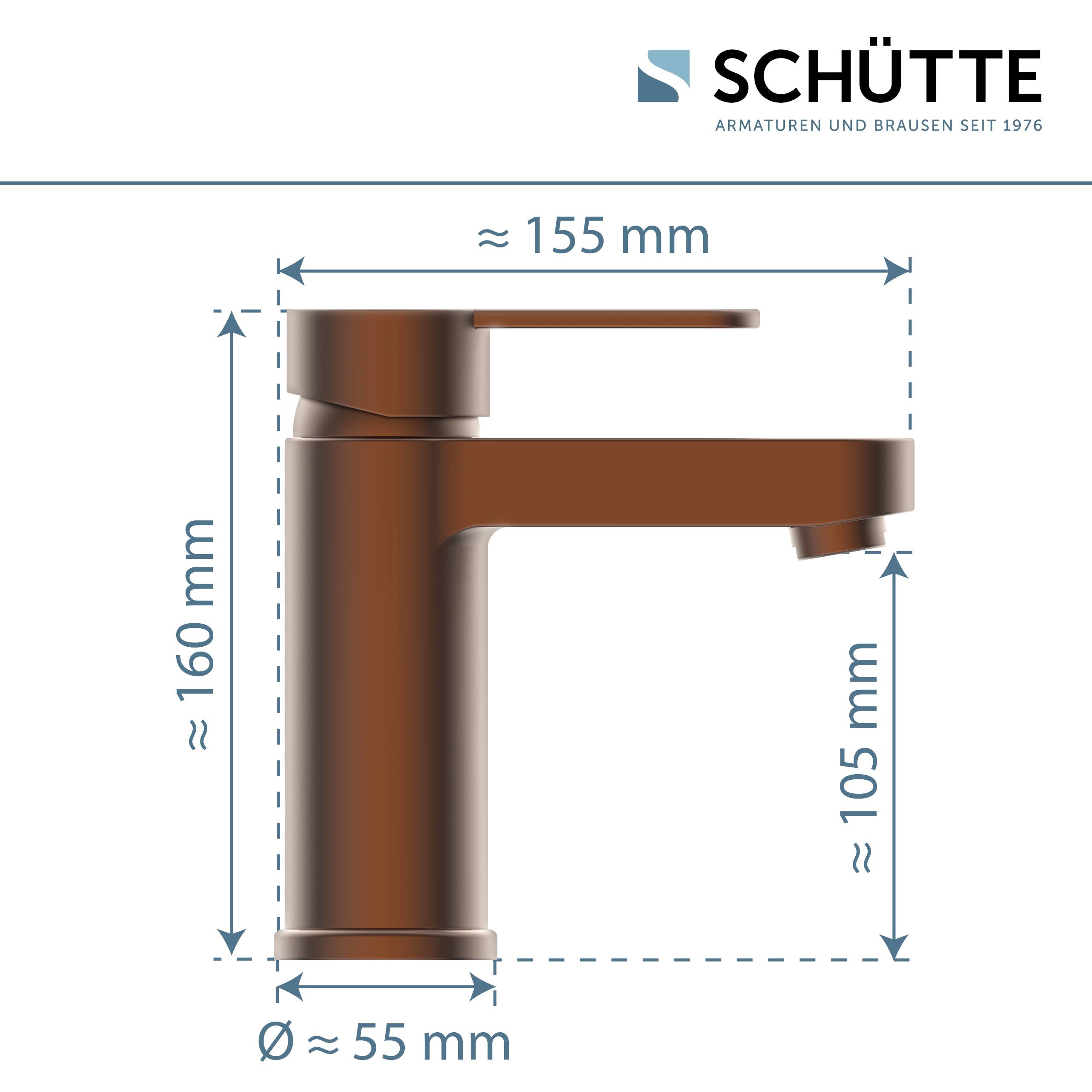 Bronzewasserhahn-Diagramm mit Abmessungen: Höhe 160 mm, Auslaufreichweite 155 mm, Auslaufhöhe 105 mm, Basisdurchmesser 55 mm.