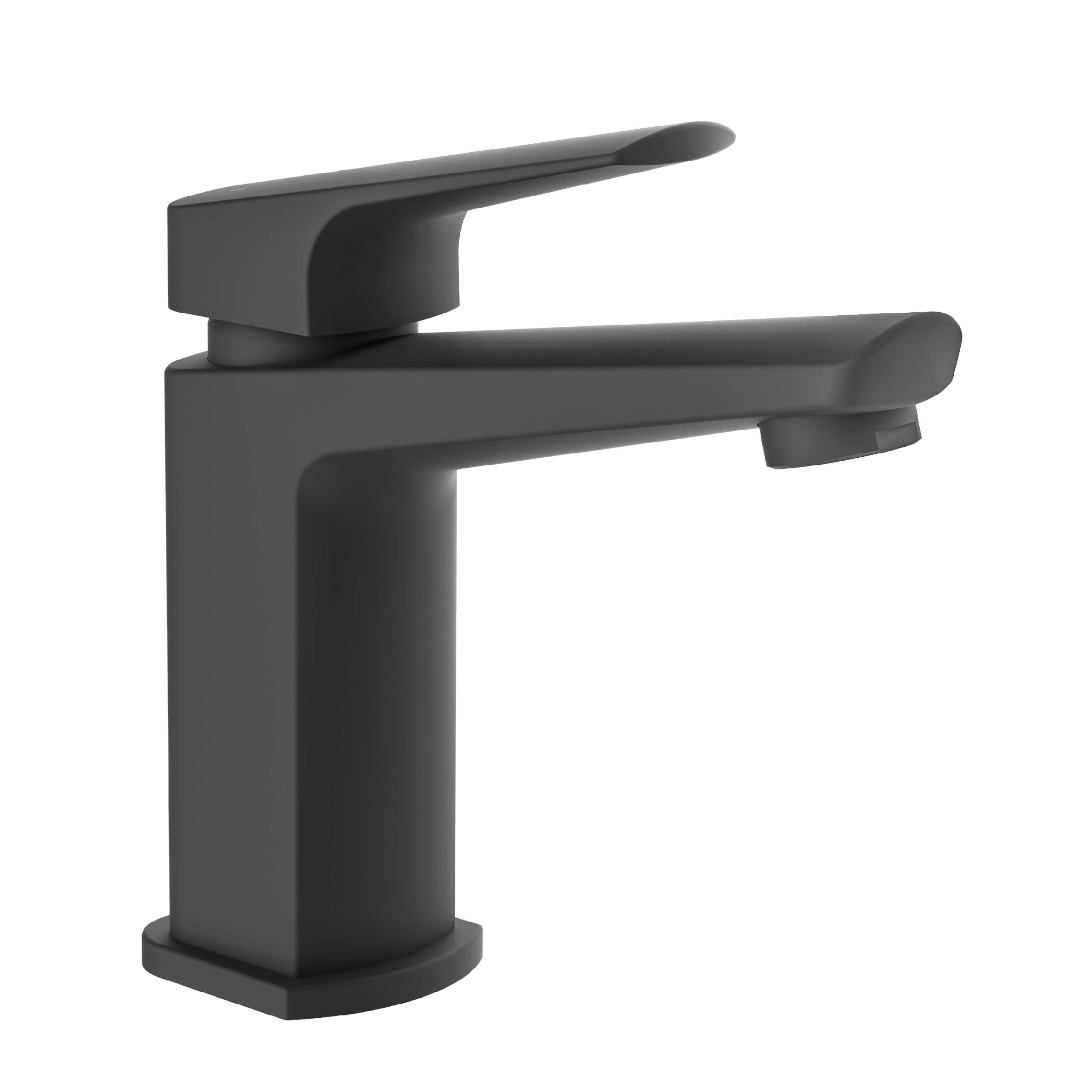 Ein moderner, matter schwarzer Wasserhahn für das Badezimmer mit einem einzigen Hebel-Griff, entworfen für eine elegante und zeitgenössische Ästhetik.