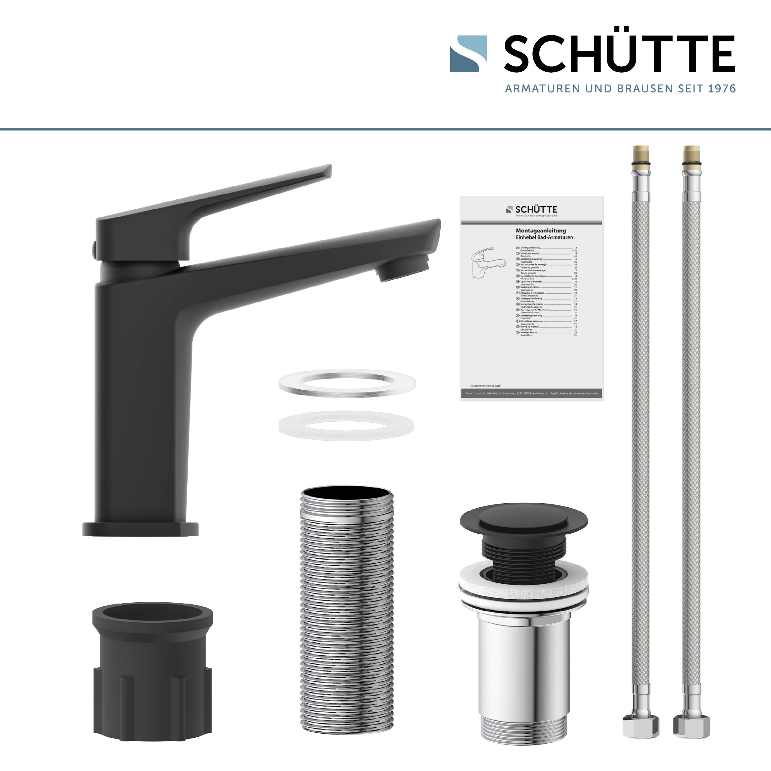 Ein schwarzes Armaturen-Set mit Komponenten für die Installation, einschließlich Schläuche, Dichtungen und Anleitung. Der Markenname 'SCHÜTTE' wird angezeigt.