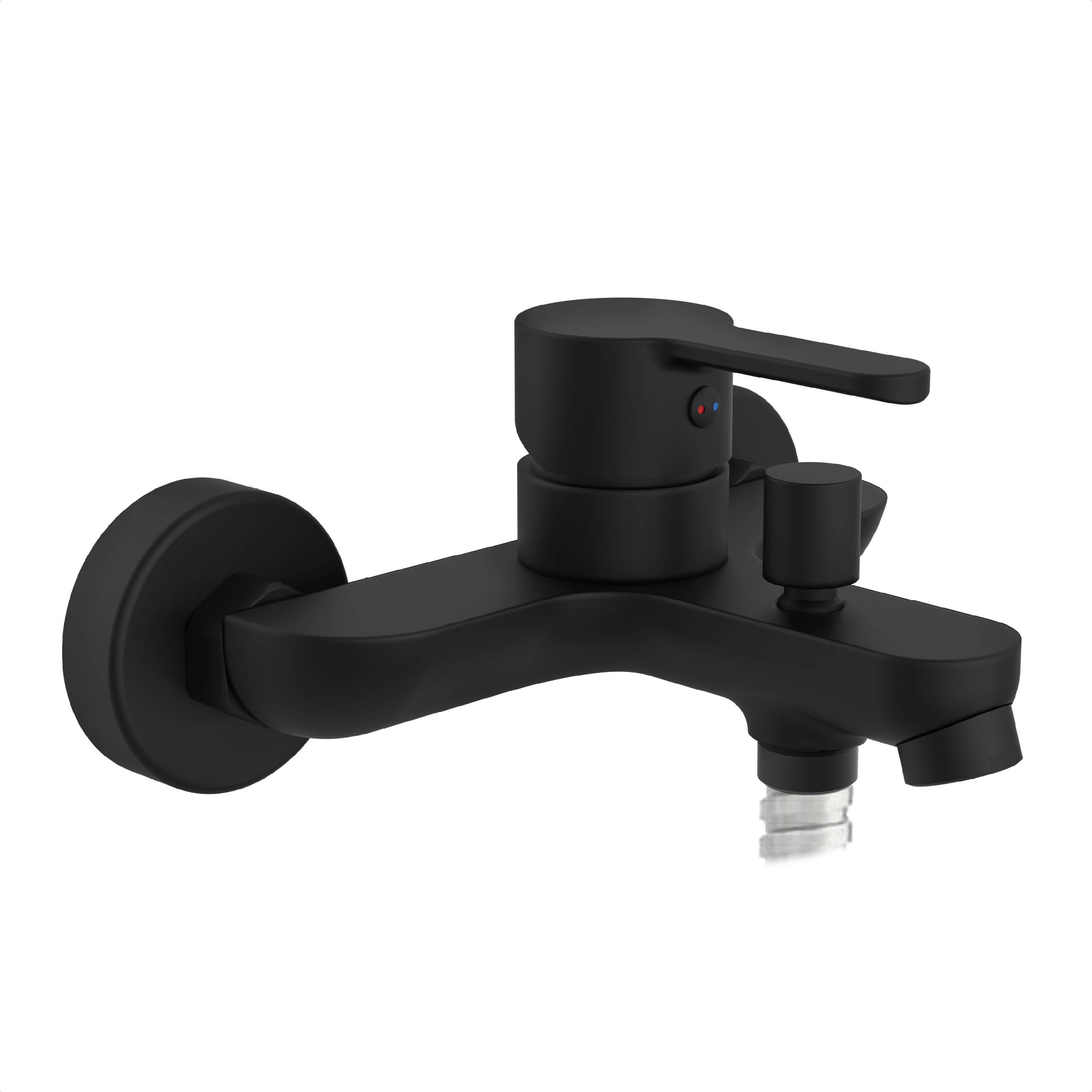Ein schwarzer wandmontierter Wasserhahn mit Hebelbetätigung und Auslauf, konzipiert für eine Badewanne, mit modernem, minimalistischem Design.