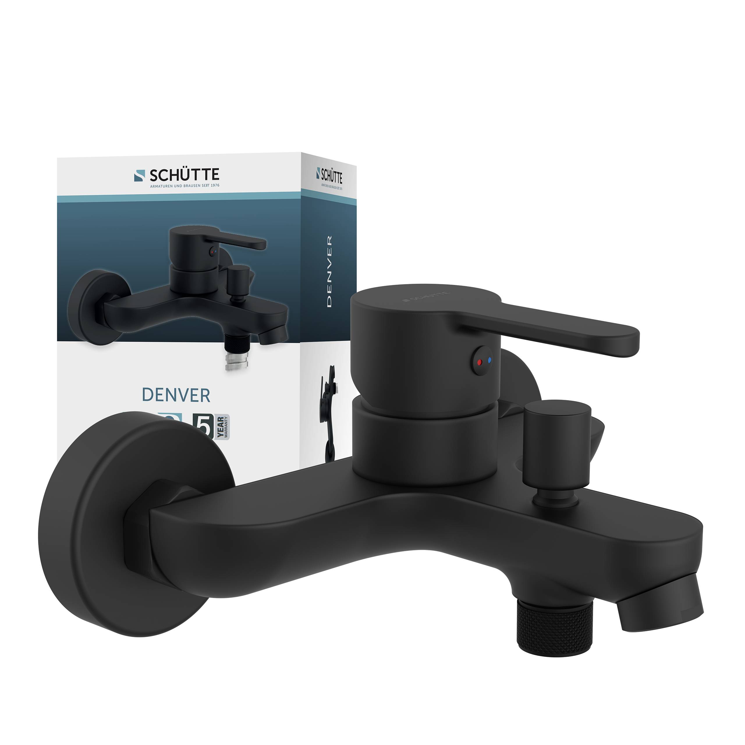 Schwarzer Badezimmerwasserhahn mit Wandmontage, Hebelbetätigung und Umleiter; die Produktverpackung im Hintergrund zeigt die Aufschrift 