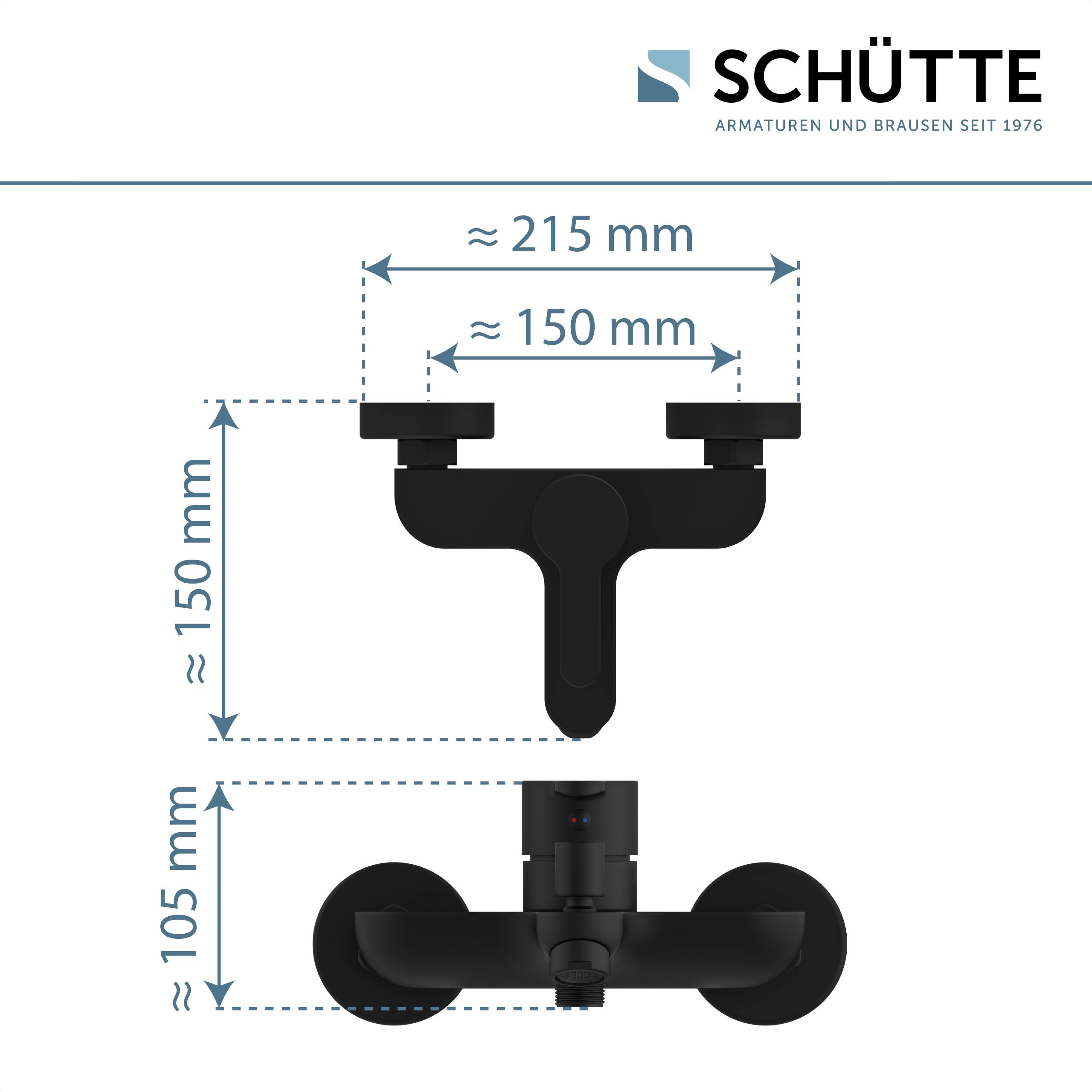 Bild zeigt einen schwarzen wandmontierten Wasserhahn mit beschrifteten Abmessungen: 215 mm Breite, 150 mm Höhe für Wasserzuläufe und 105 mm Gesamthöhe.
