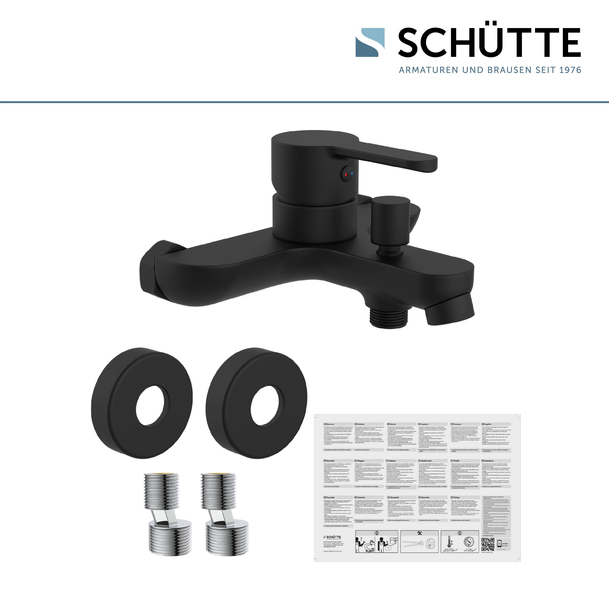 Schwarzer Wasserhahn mit Einhebelmischer, einschließlich zwei schwarzer Dichtungsscheiben, zwei Verbindungsstücke und ein Bedienungsanleitung-Merkblatt. Markenlogo: Schütte.