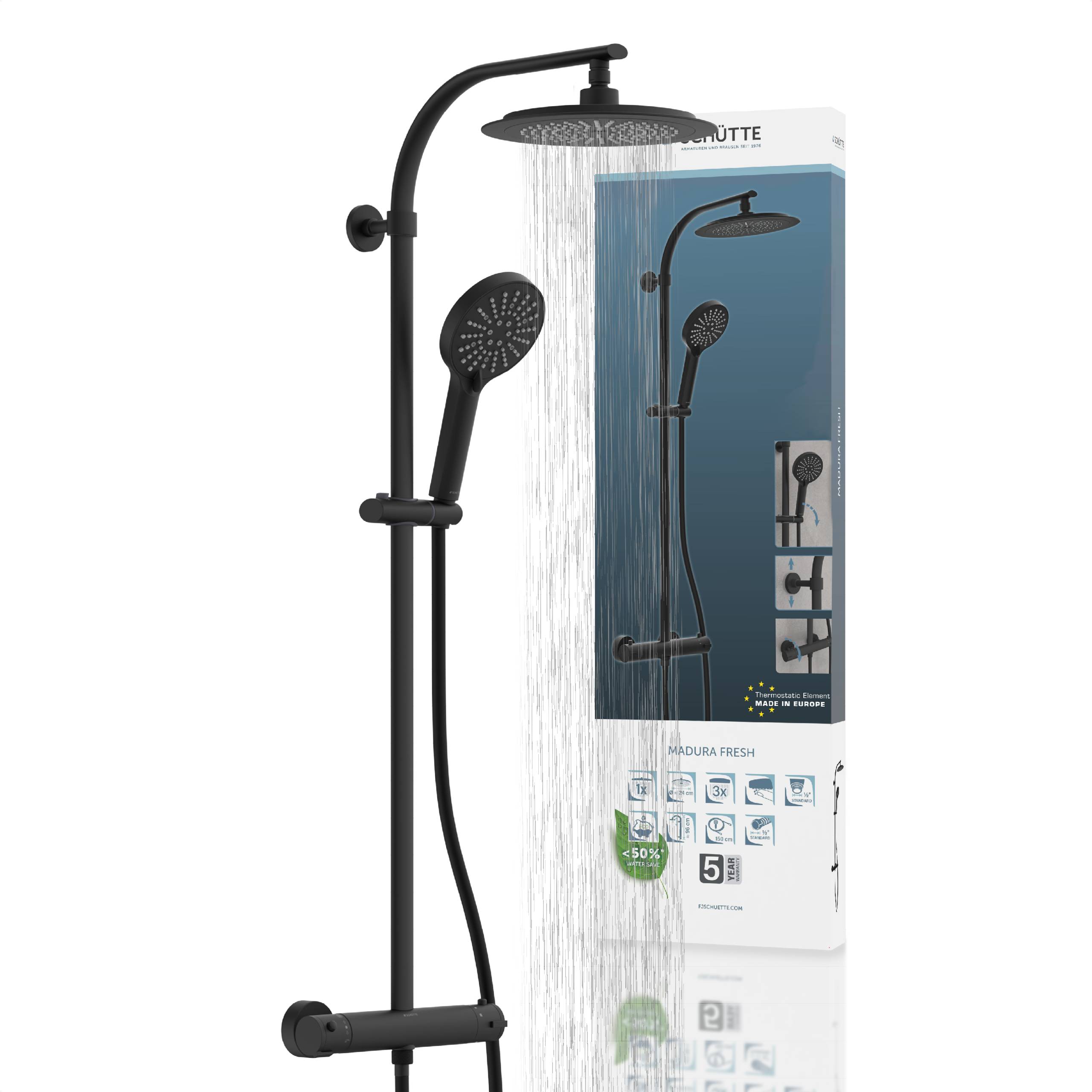 Duschsystempaket mit Regenduschkopf und Handbrausenkombination. Schwarze Farbe, höhenverstellbar, beworbener Wasserspareffekt.
