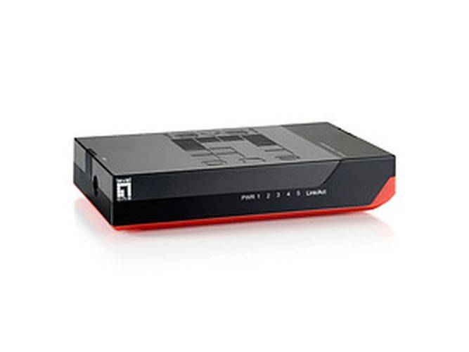 Ein schlankes schwarzes und rotes Modem oder Router mit Anzeigelichtern mit den Beschriftungen „PWR