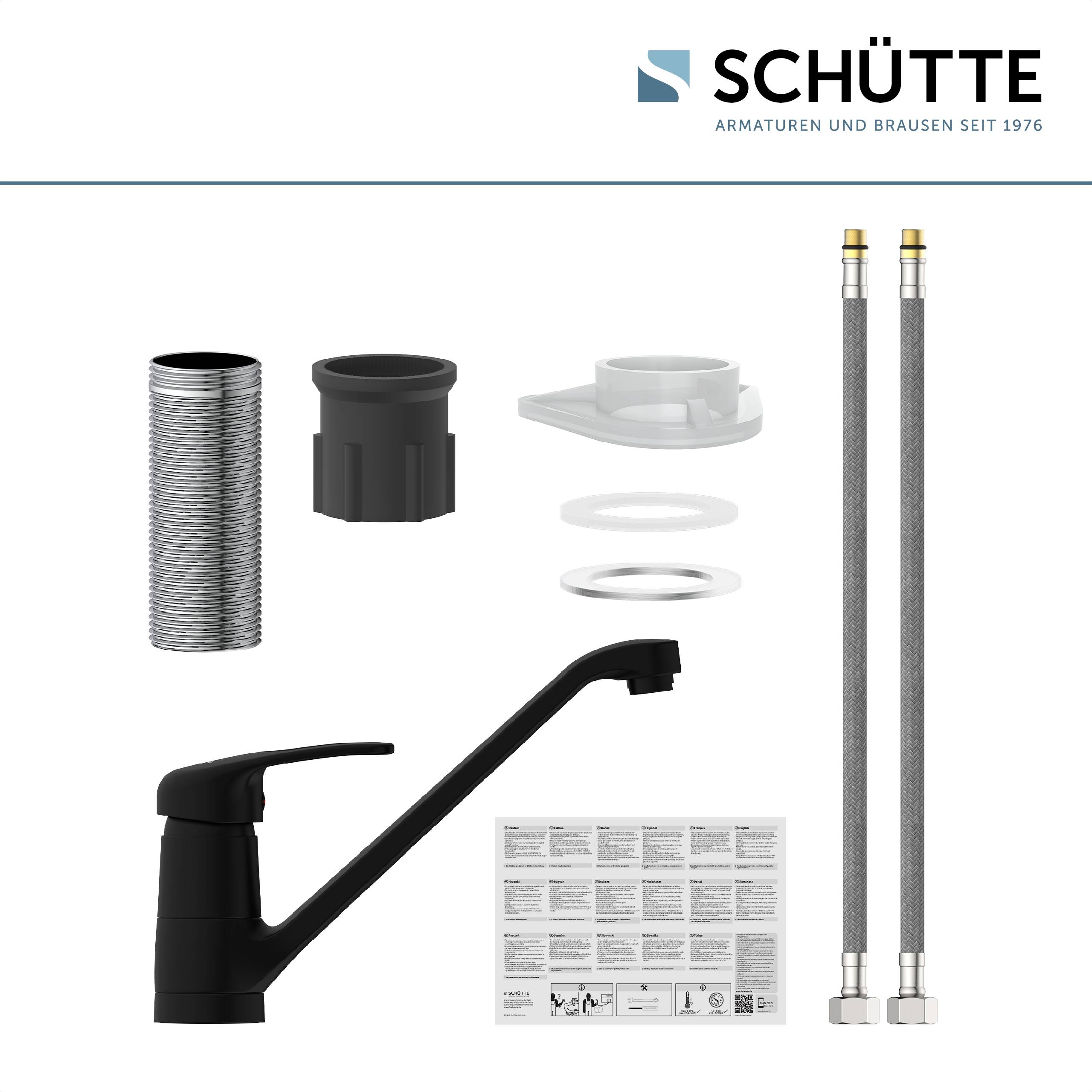 Ein schwarzes Küchenarmatur-Set mit Installationsteilen, einschließlich Schläuche und Montagezubehör, dargestellt neben einer Bedienungsanleitung.