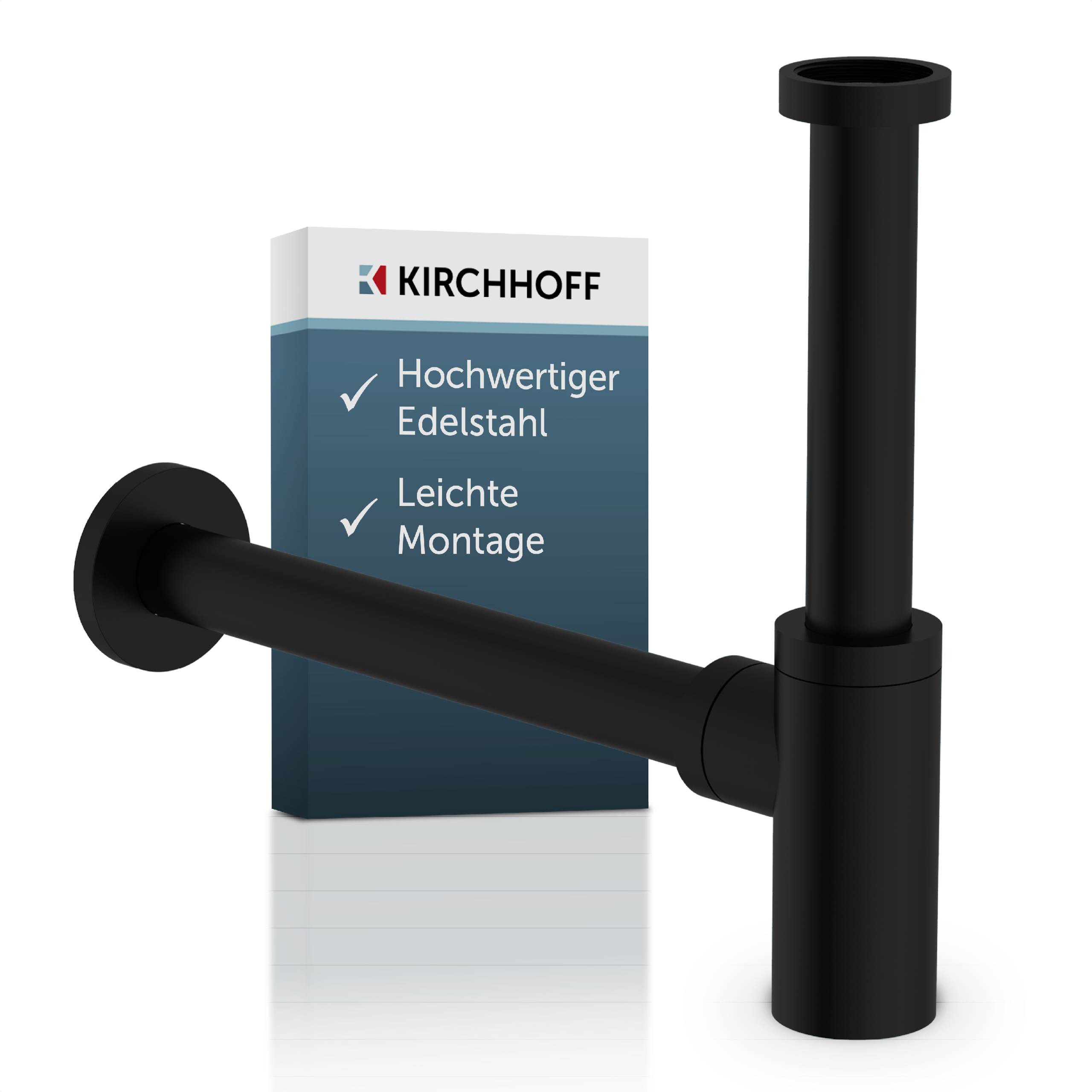 Ein schwarzes Rohrbeschlag-Fitting, dargestellt mit Verpackung mit der Bezeichnung 'KIRCHHOFF'. Der Text hebt 'Hochwertiger Edelstahl' und 'Leichte Montage' hervor.