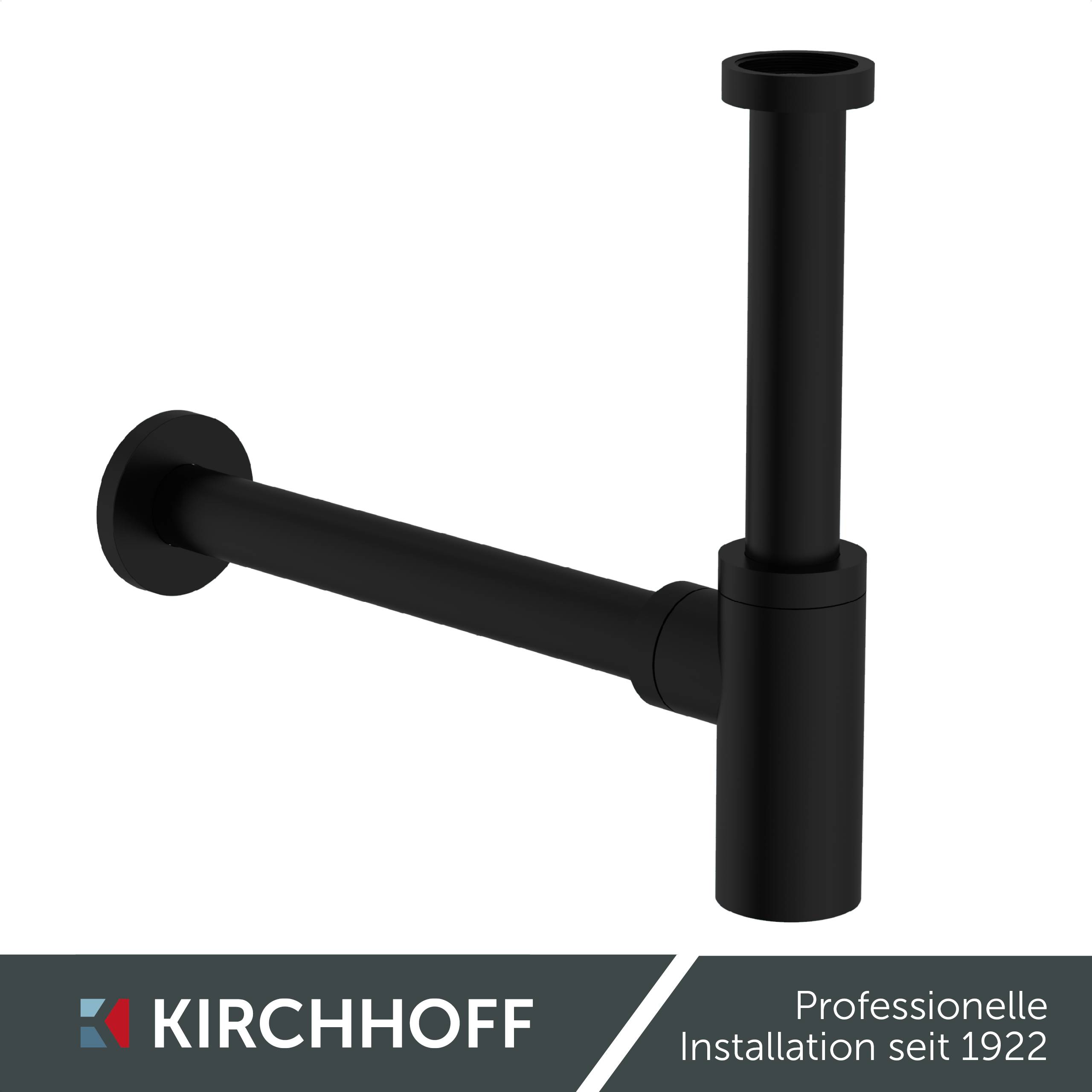 Schwarzes Abflussrohr vor weißem Hintergrund mit dem Text „KIRCHHOFF Professionelle Installation seit 1922
