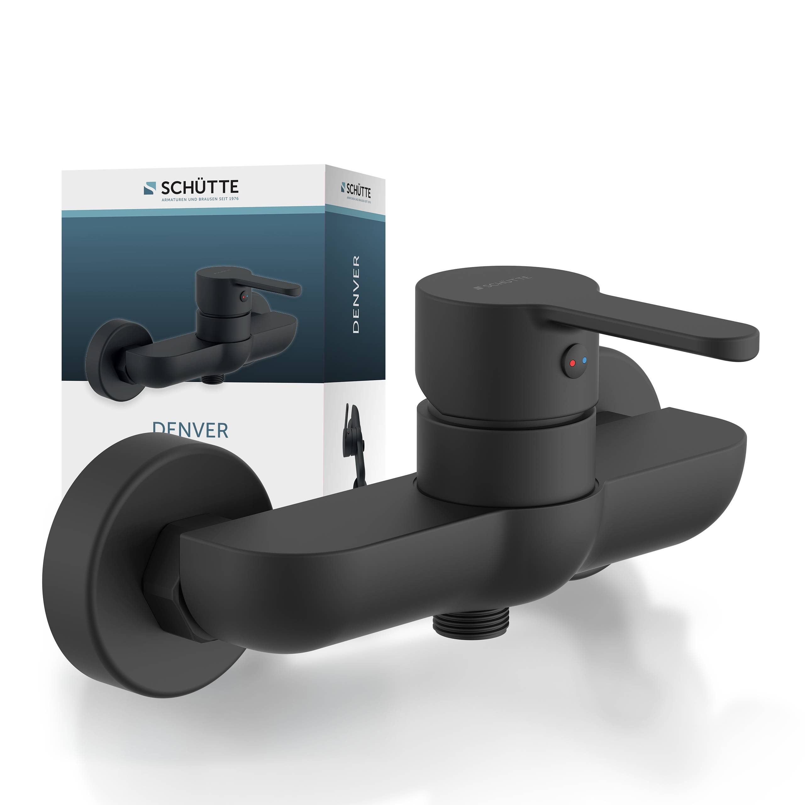 Schwarzer Badezimmerhahn neben seiner Verpackung, mit der Aufschrift 'Schütte Denver', zeigt modernes, schlankes Design mit Hebel und rundem Sockel.