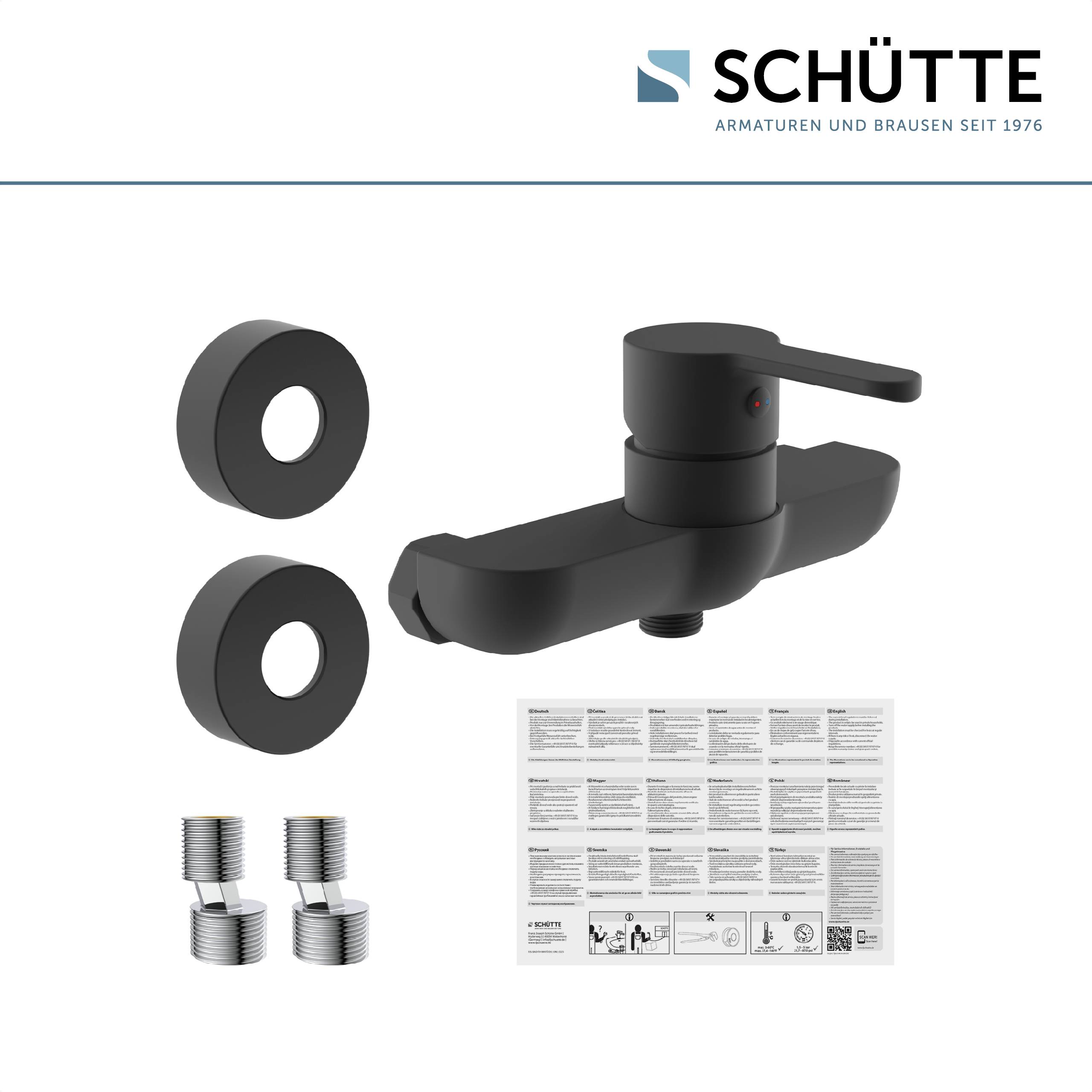 Schwarzer Badezimmerhahn mit Einhebelmischer, zwei Verbindungsringen, zwei Adaptern und einer Bedienungsanleitung, Marke 'Schütte'.