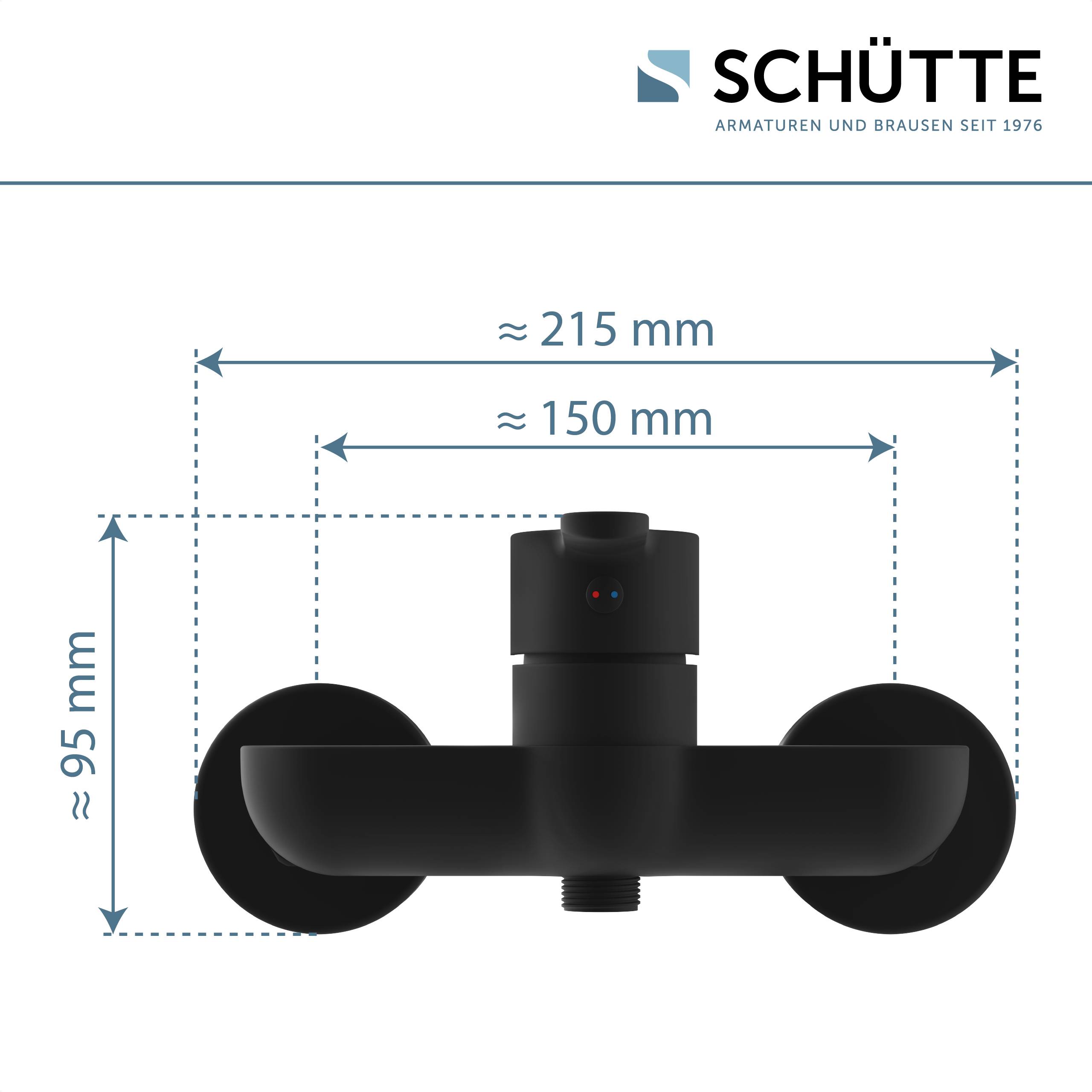 Eine Vorderansicht eines schwarzen Wasserhahns mit Abmessungen: Breite 215 mm, Höhe 95 mm, Abstand zwischen den Anschlüssen 150 mm. Marke „Schütte