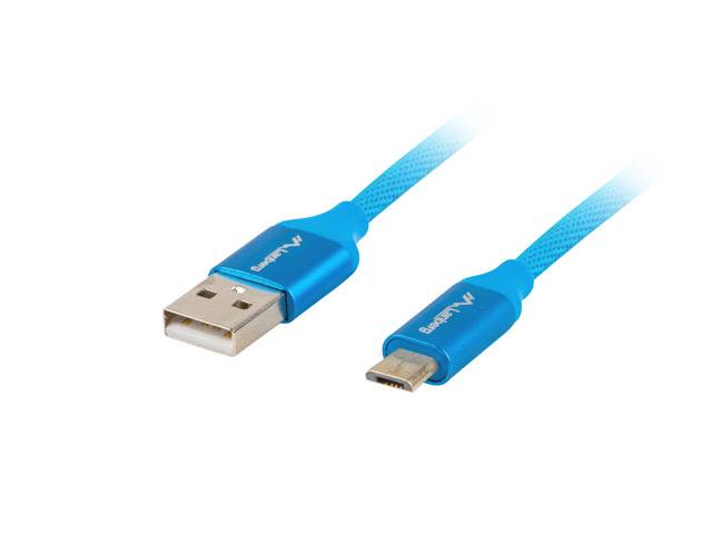 Blaues USB-Kabel mit Standard-USB-A an einem Ende und USB-C am anderen Ende, abgebildet auf weißem Hintergrund.