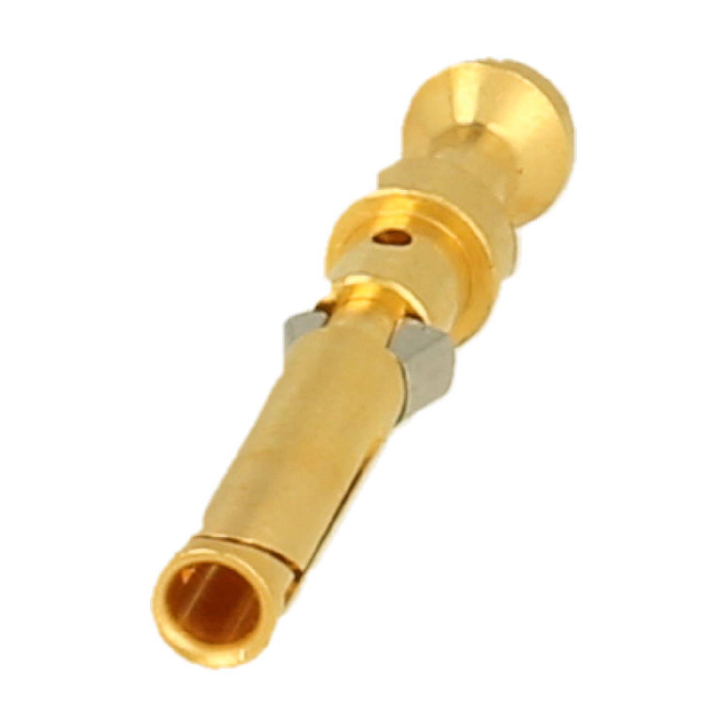 Ein vergoldeter Bananenstecker für Audiokabel, mit glatter Oberfläche und sichtbarem Metallkragen nahe der Basis für sichere Verbindungen.