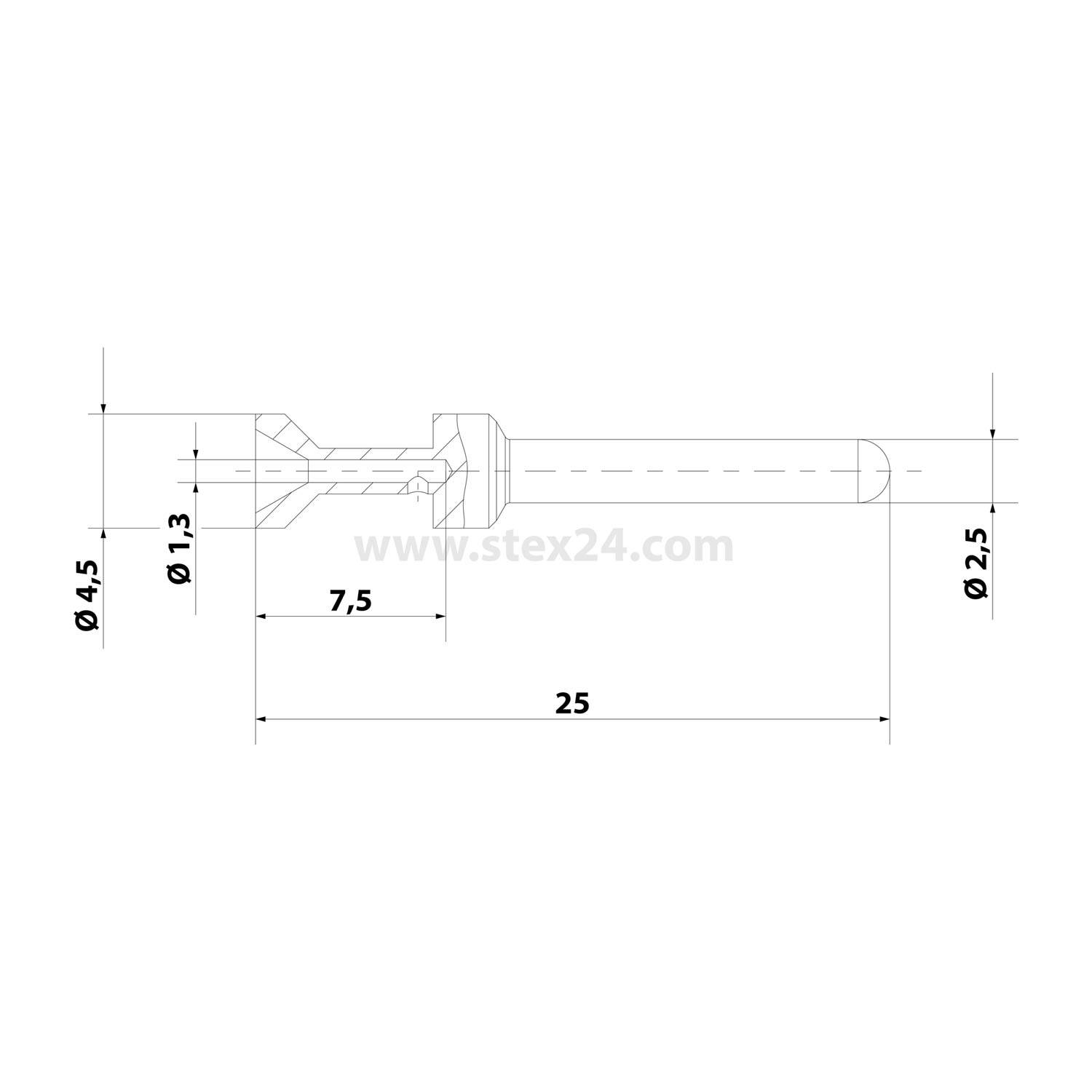 Technische Zeichnung eines Zylinderobjekts mit Abmessungen: 7,5, 25, Durchmesser 4,5, 1,3 und 2,5. Merkmale umfassen eine Schnittansicht.
