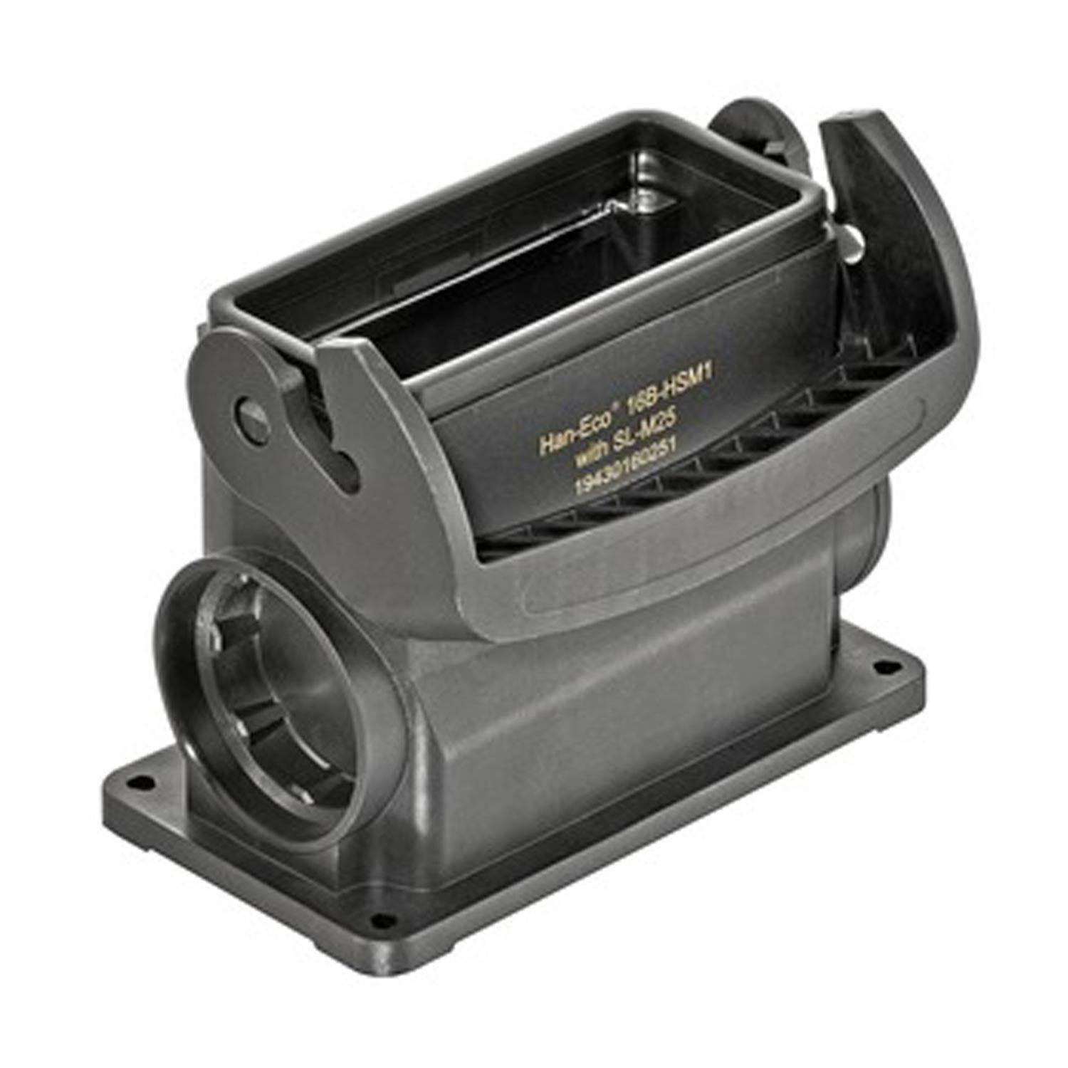Ein schwarzes rechteckiges elektrisches Anschlussgehäuse mit einem robusten Griff und Montagefuß, verwendet für industrielle Anwendungen.