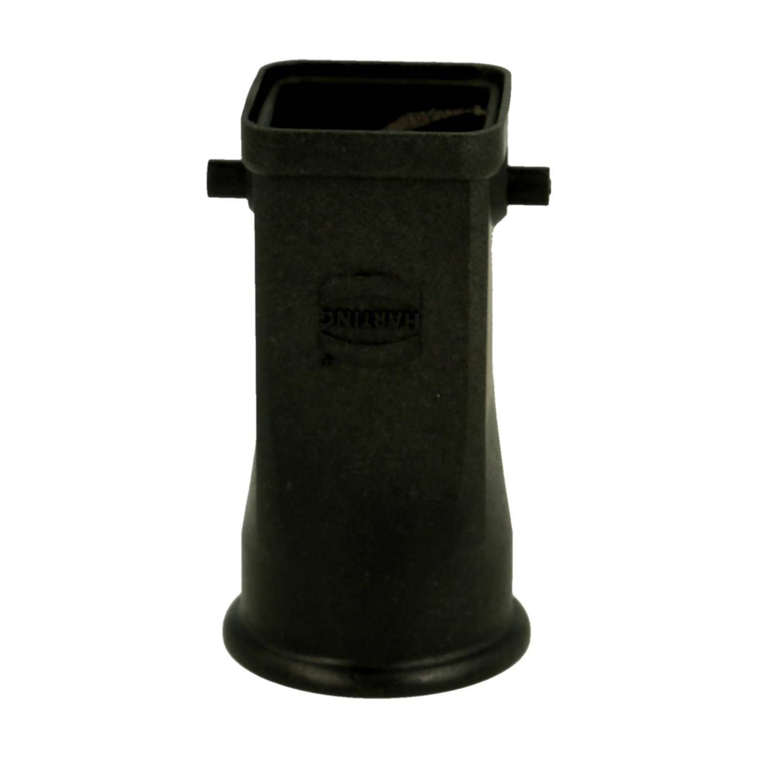 Ein schwarzer Kunststoff-Kanal- oder Lüftungsadapter mit rechteckiger Oberseite und runder Basis, der wahrscheinlich zum Verbinden oder Lenken des Luftstroms in Systemen verwendet wird.