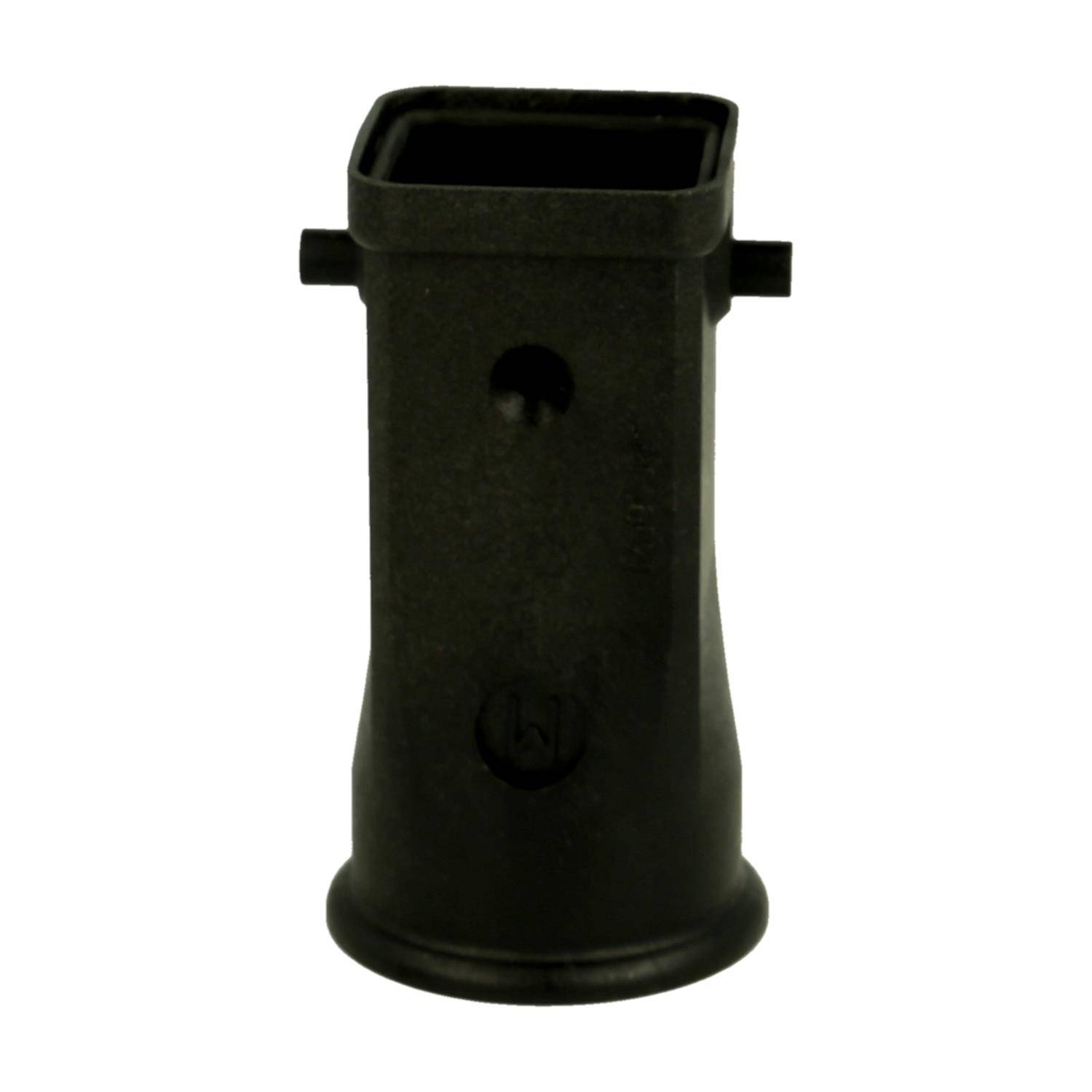 Ein schwarzer, zylindrischer Kunststoffverbinder mit quadratischer Oberseite und zwei seitlichen Laschen, der zur Befestigung oder Verbindung von Komponenten in verschiedenen Anwendungen verwendet wird.