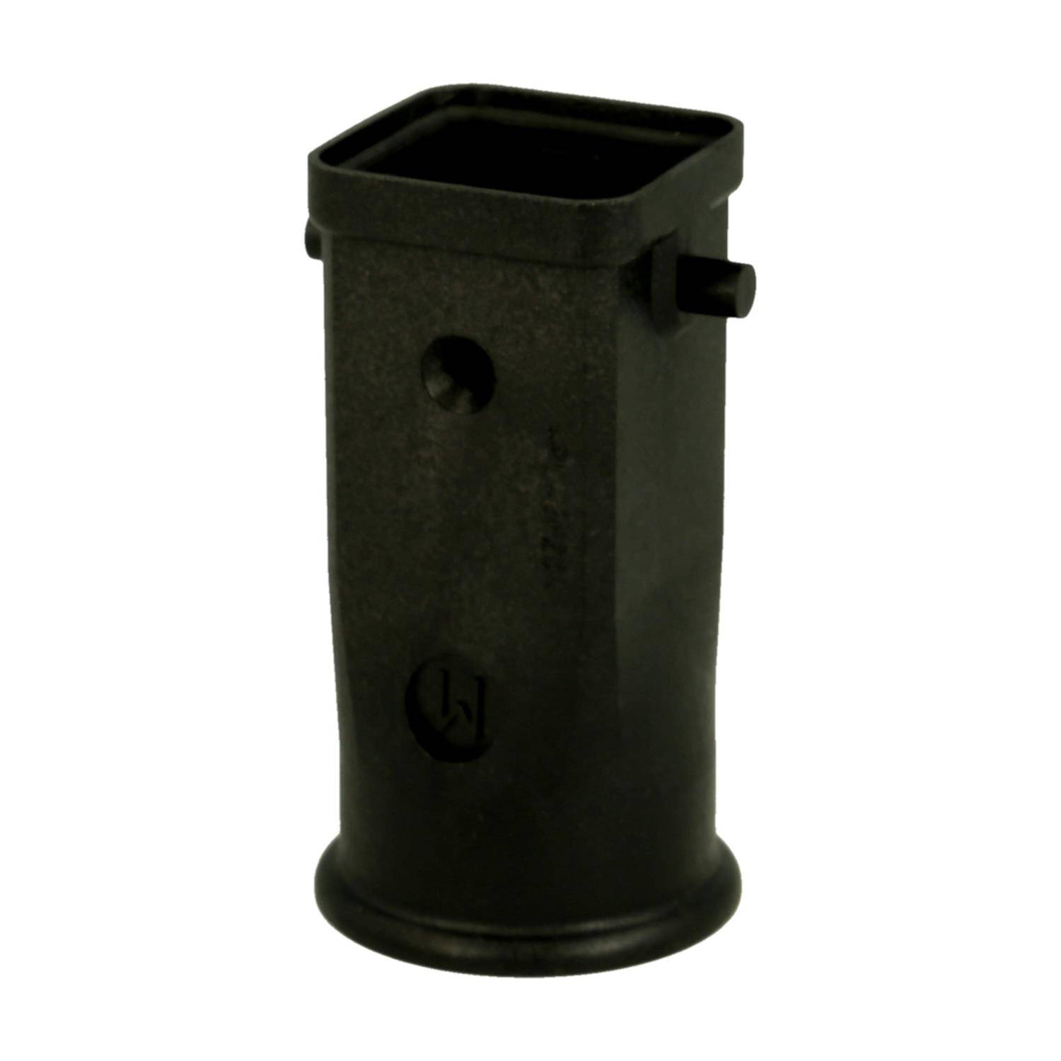 Ein zylindrischer schwarzer Kunststoffstecker mit einer quadratischen Öffnung und zwei seitlichen Vorsprüngen, der zum Befestigen von Gegenständen wie Zeltstangen oder Möbelteilen verwendet wird.