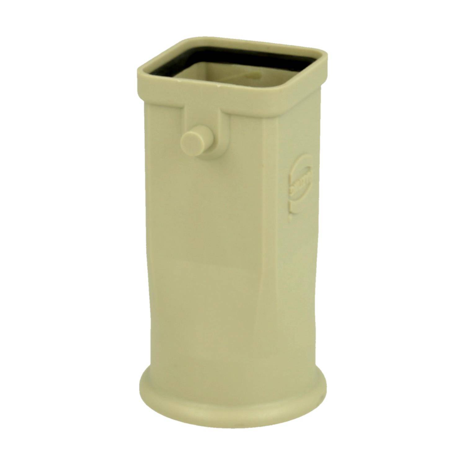 Ein beiger, rechteckiger, offener Behälter mit einem kleinen hervorstehenden Knauf an der Seite, der wahrscheinlich zum Halten oder Aufbewahren von Gegenständen verwendet wird.