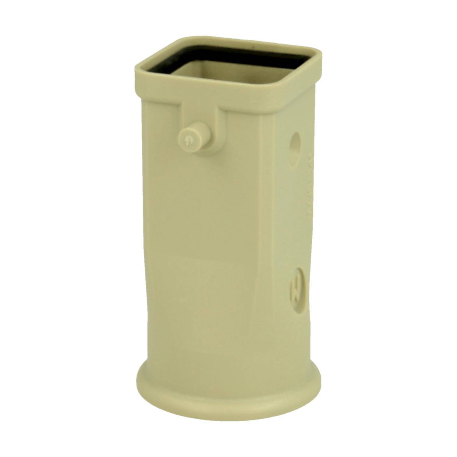 Beiger quadratischer Kunststoff-Stuhlbeineinatz mit abgerundeter Basis und Stift an einer Seite zur Befestigung.