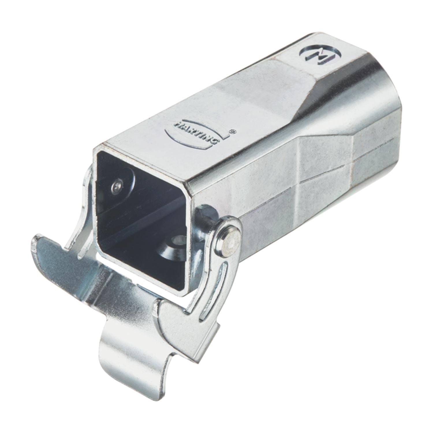 Ein silberner Metallverbinder mit einer rechteckigen Öffnung und Verriegelungsmechanismus zum Sichern von Kabeln, der häufig in industriellen Umgebungen verwendet wird.