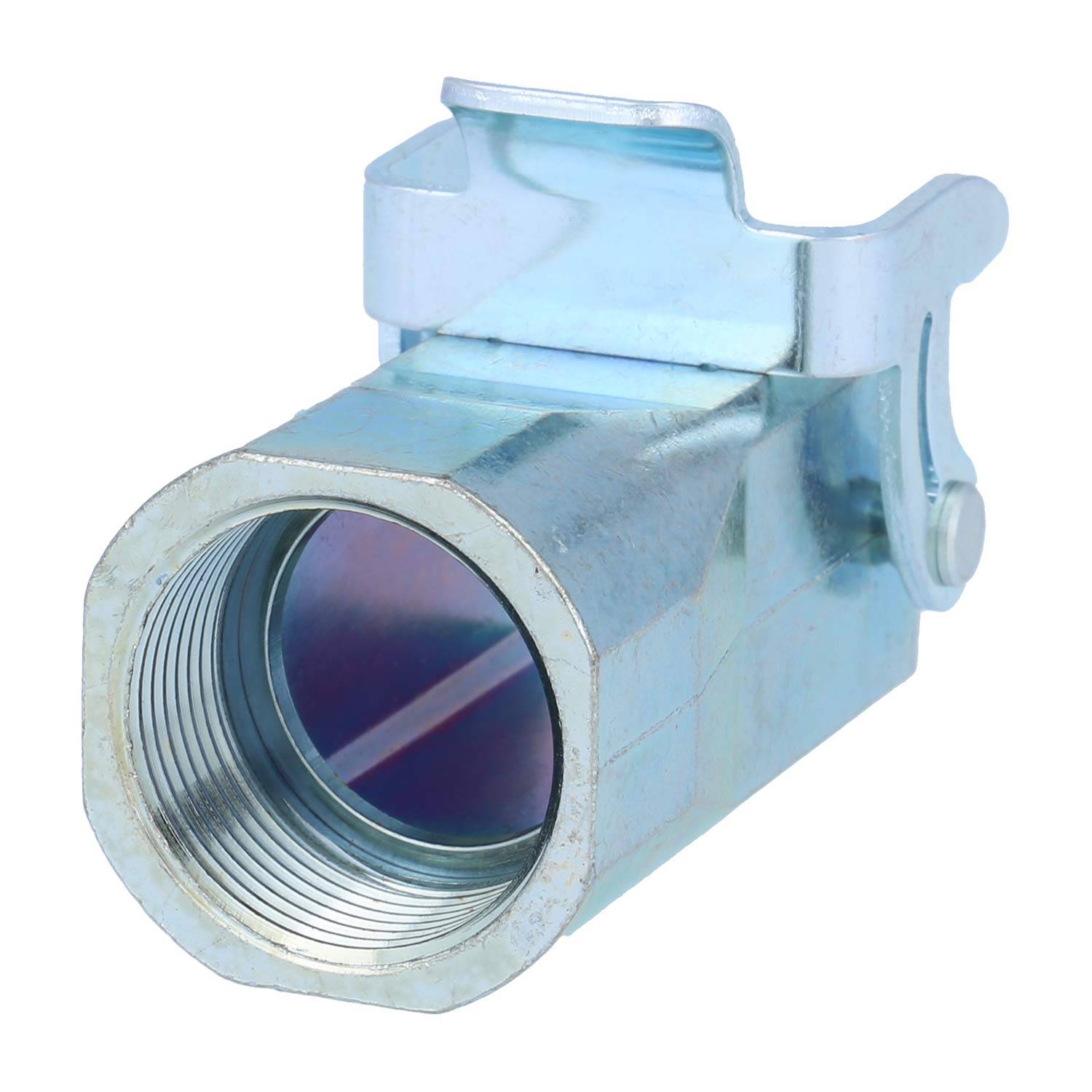 Eine Metallsechskant-Kupplung mit glatter Innengewinde und einem Sicherungsclip oben, verwendet zum Verbinden von zylindrischen Komponenten.