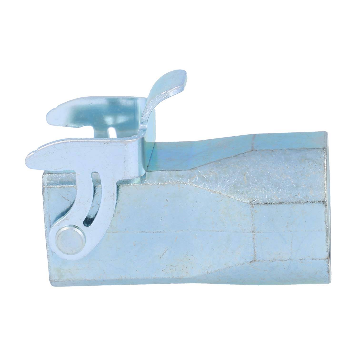 Metallklammer mit einer Scharniermechanik, entwickelt zum Befestigen von Gegenständen. Die Klammer ist silberfarben, verfügt über einen Federmechanismus und wirkt robust und funktional.