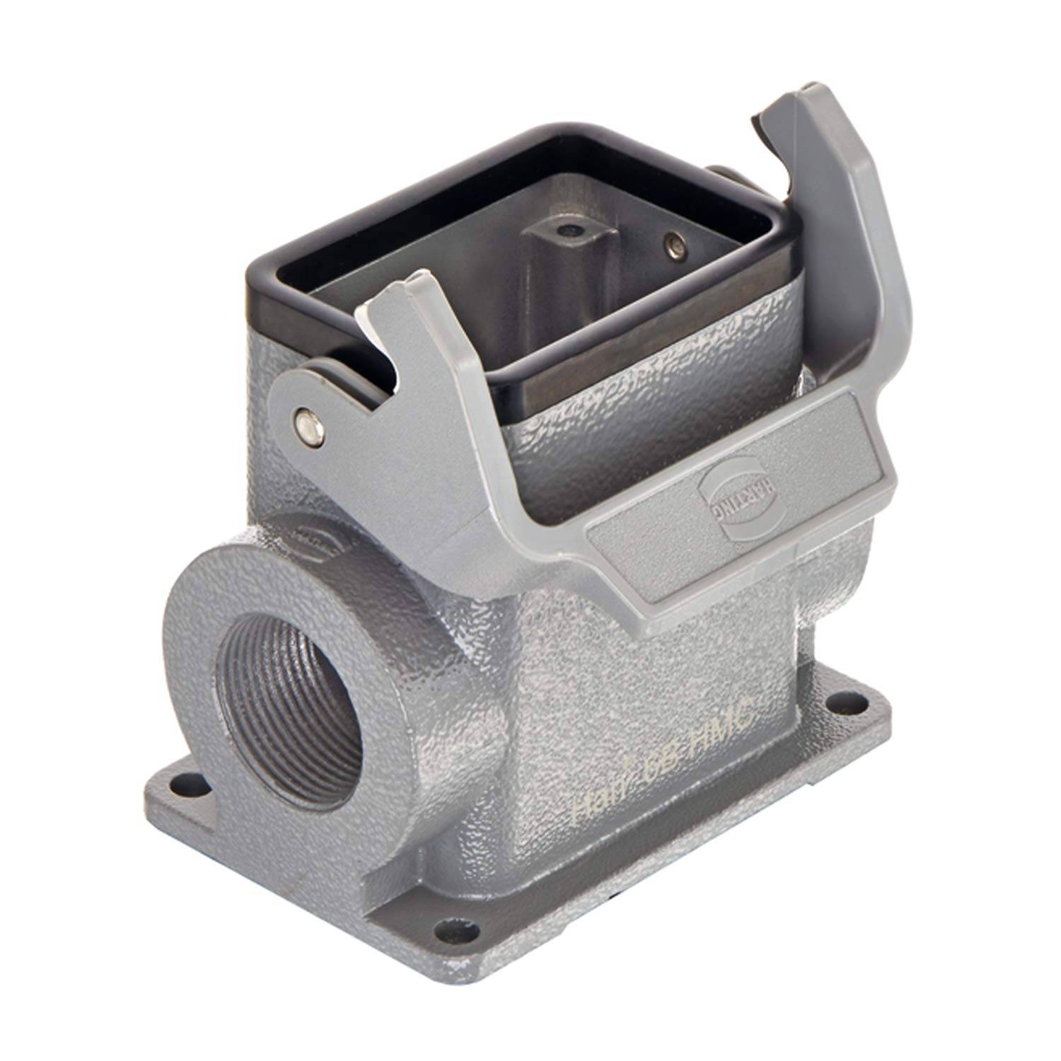 Robuster industrieller Anschlussgehäuse mit seitlichem Eingang, grau, Metallkonstruktion, quadratische Form, mit gerillter Oberfläche für besseren Halt.