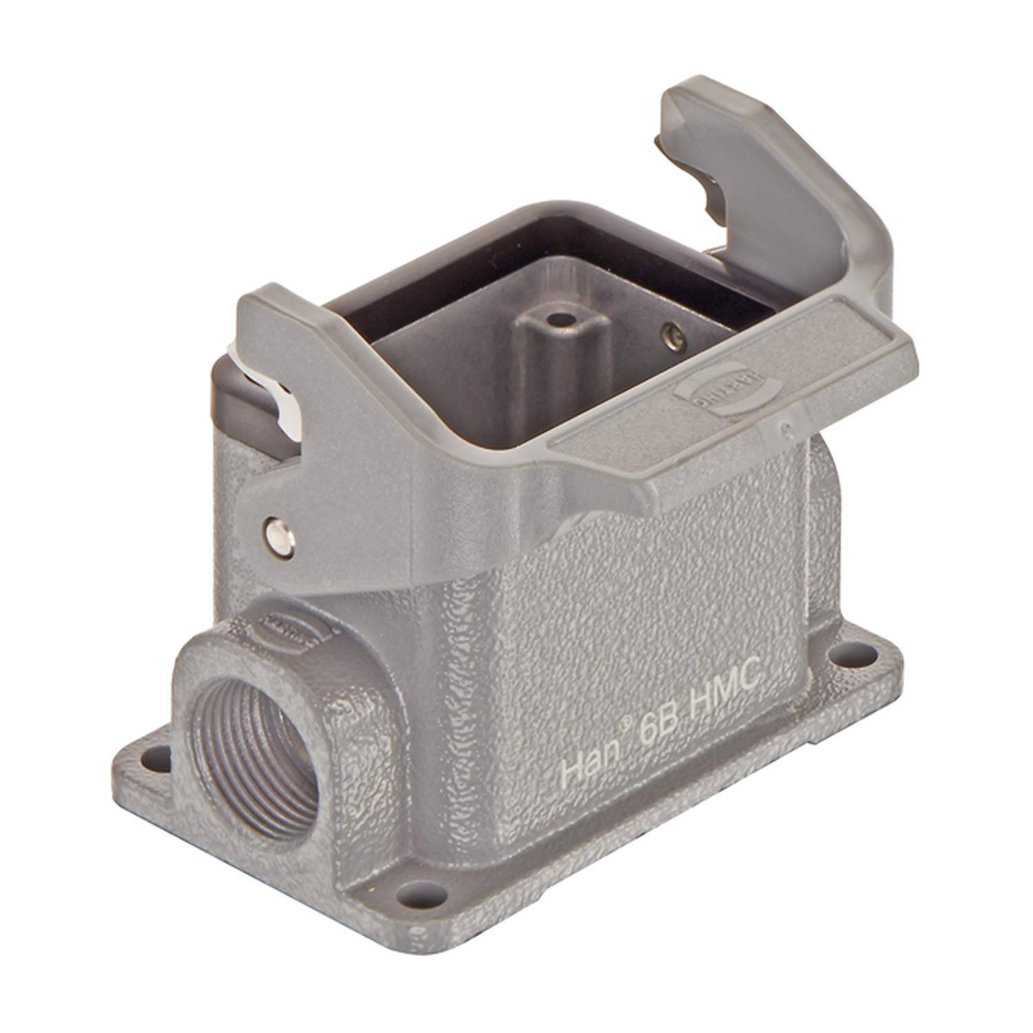 Industrielle Anschlussgehäuse mit zwei seitlichen Verriegelungen und einer gerippten Metalloberfläche, gekennzeichnet als 'Harting 6B HMC'. Geeignet für elektrische Anwendungen.