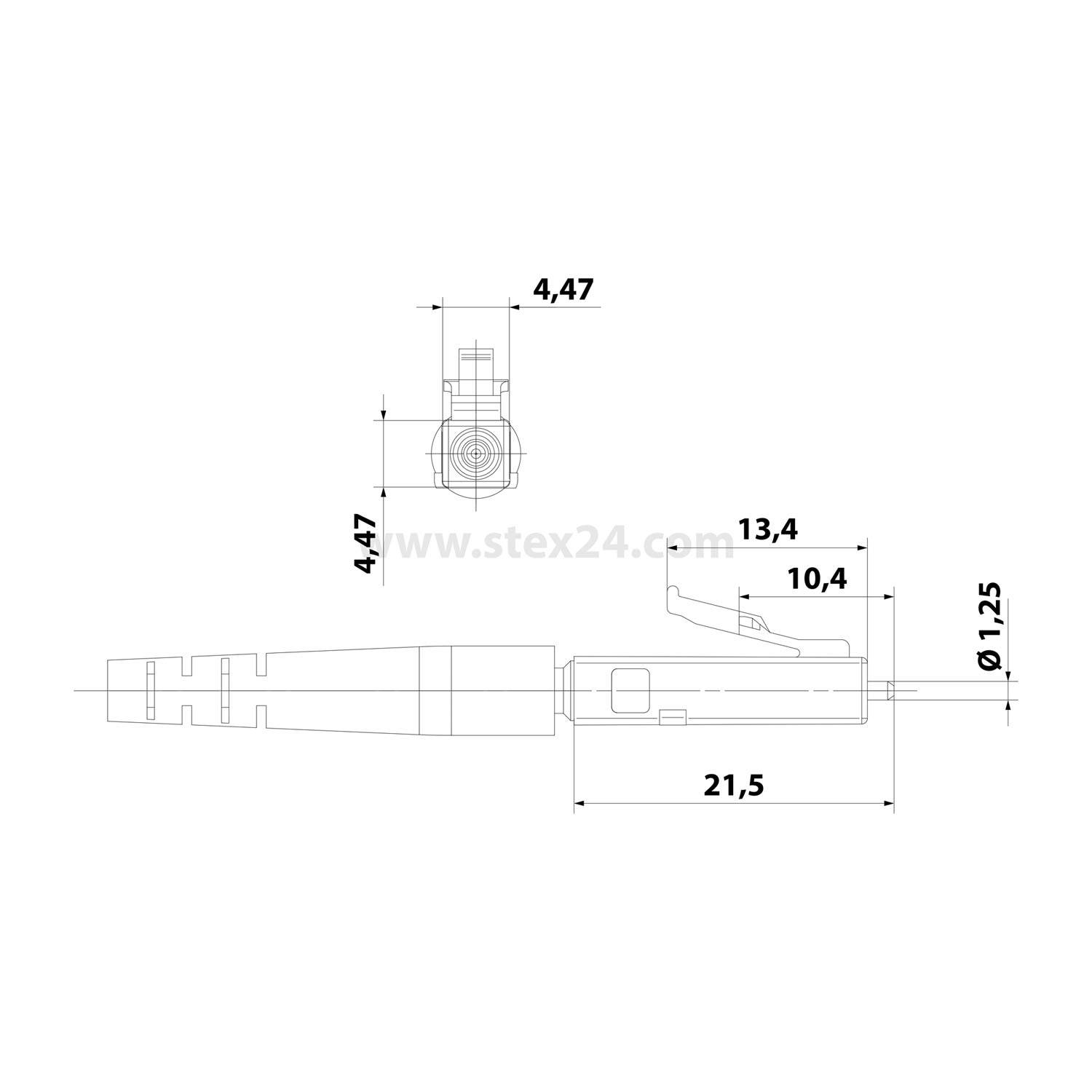 Technische Zeichnung eines Verbinders mit detaillierten Abmessungen: Durchmesser 1,25, Breite 4,47, Länge 21,5 Einheiten und zusätzliche spezifische Längen.