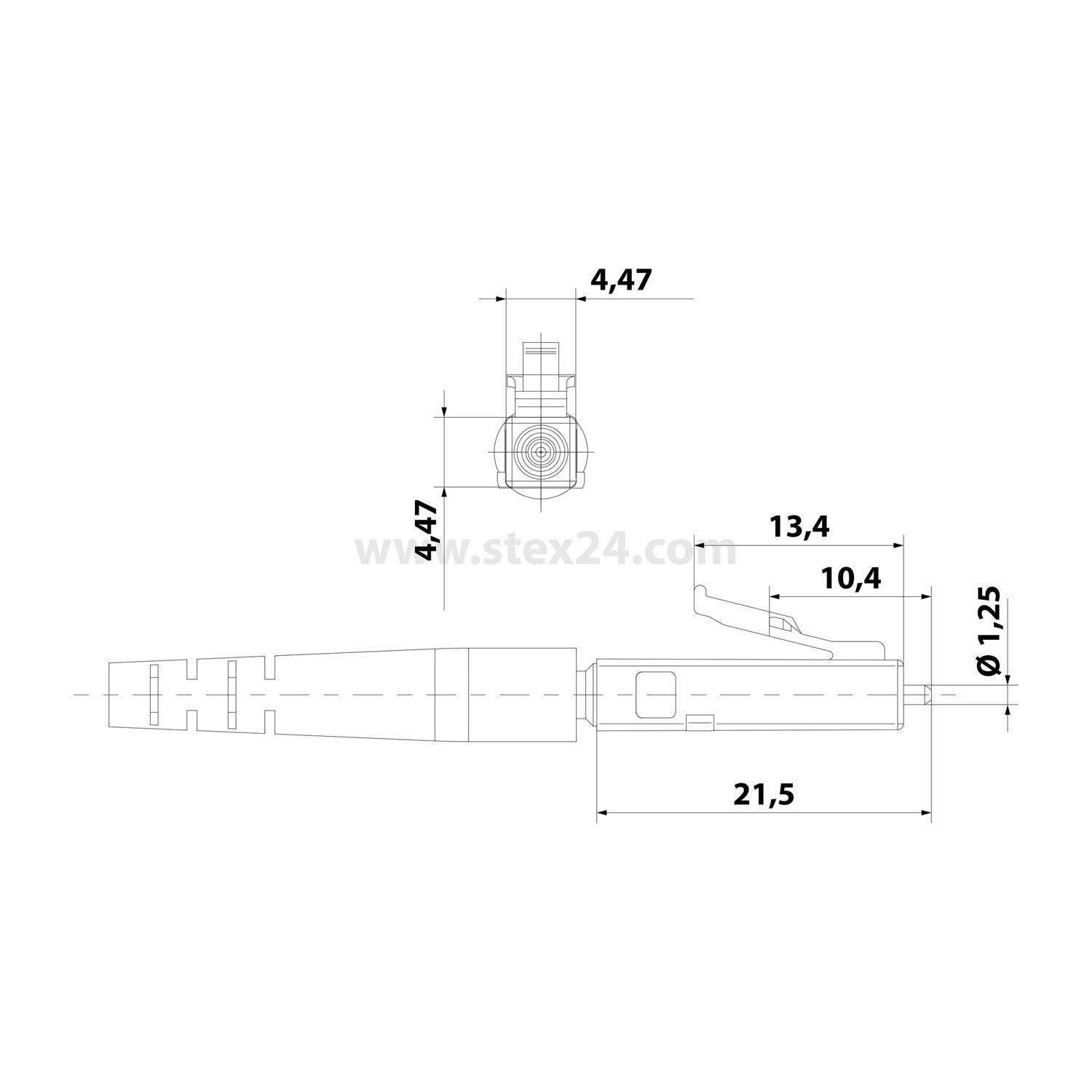 Technische Zeichnung einer mechanischen Komponente mit Abmessungen: Länge 21,5 mm, Durchmesser 9,125 mm, Breite 4,47 mm, Höhe 13,4 mm.