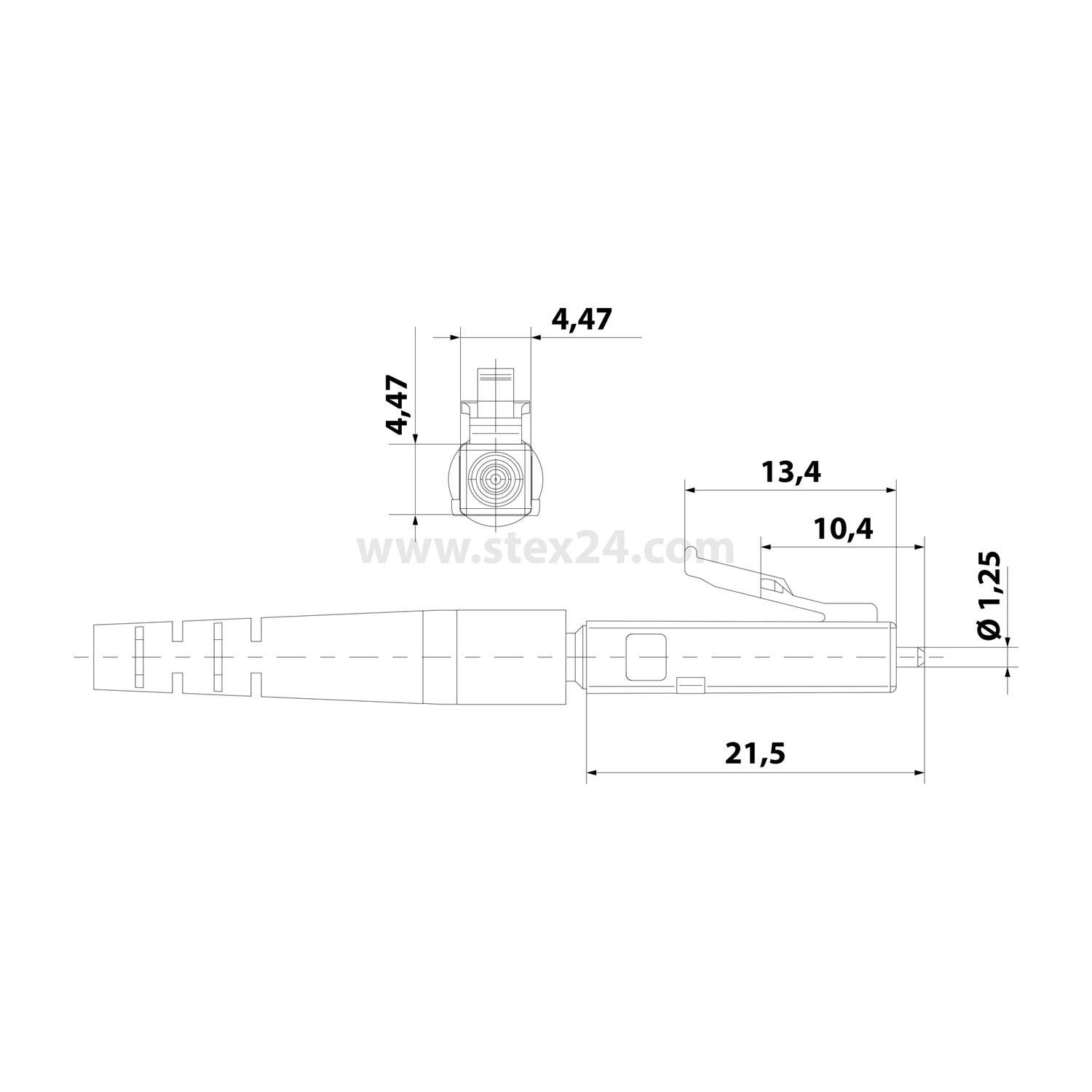 Technische Zeichnung eines Verbindungsstücks mit angegebenen Abmessungen: Länge 21,5 mm, Breite 10,4 mm, Höhe 13,4 mm, Durchmesser 1,25 mm.