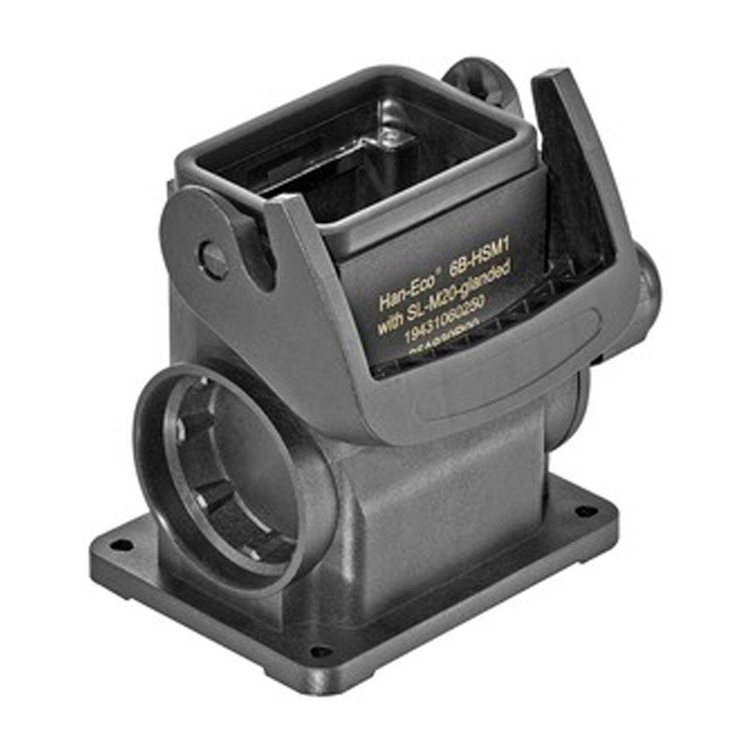 Ein schwarzes industrielles Kunststoffverbindergehäuse mit einer klappbaren Schutzabdeckung, ausgestattet mit einer Grundplatte zur Montage und mehreren Anschlussports.