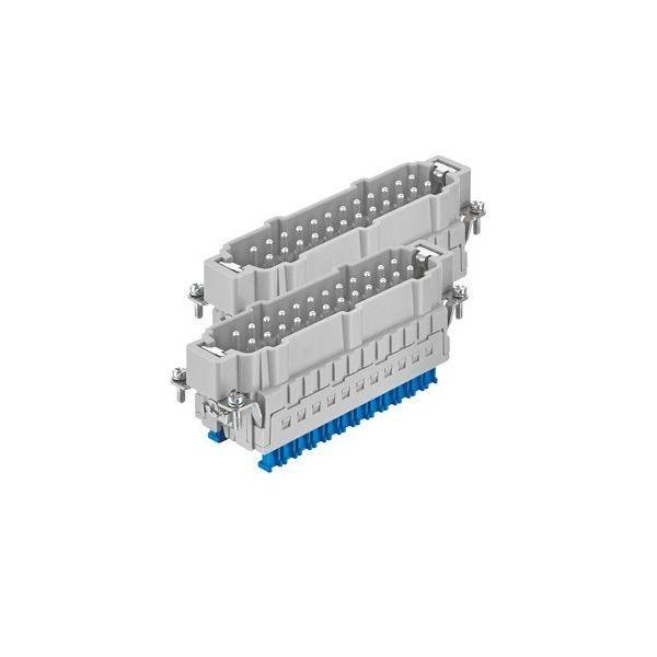 Ein zweistufiger elektrischer Steckverbinder mit mehreren Pins, eingehaust in einem grauen Gehäuse, konzipiert für industrielle Anwendungen.
