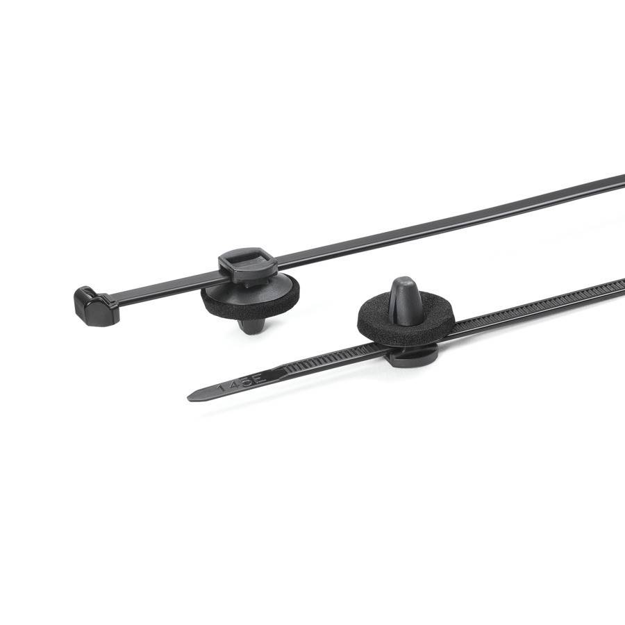 Zwei schwarze Kabelbinder mit runden, verstellbaren Mechanismen liegen parallel und werden zum Befestigen von Kabeln oder Gegenständen verwendet.