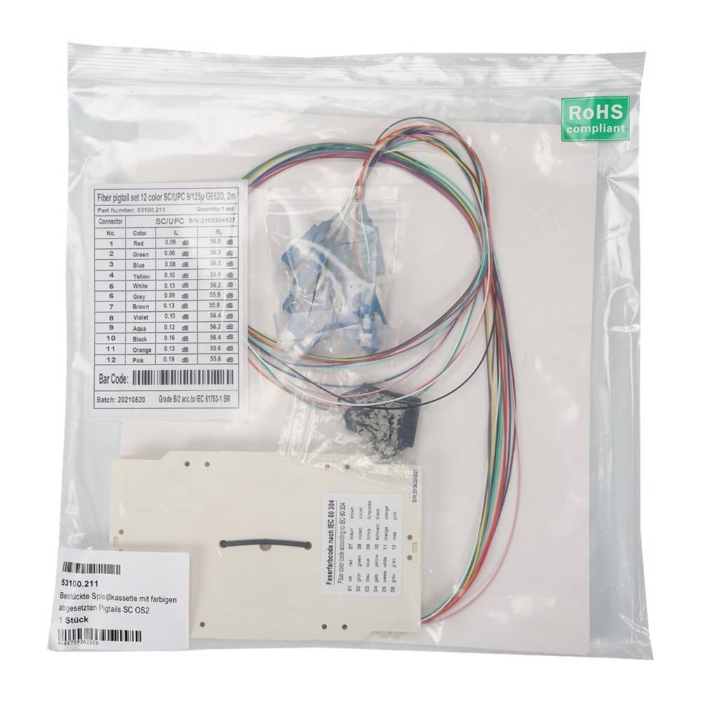 Kunststoffverpackung, die ein Verdrahtungsset mit Kabeln, Anschlüssen und einer beschrifteten Spezifikationsblatt für eine Leiterplattenanwendung enthält.