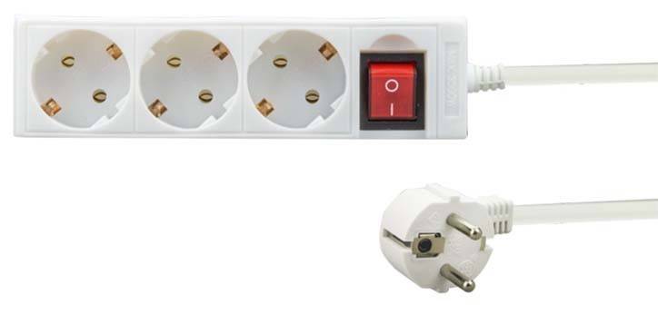 Ein weißes Mehrfachsteckdosenleiste mit zwei runden Steckdosen und einem roten Ein-/Aus-Schalter, ergänzt von einer Nahaufnahme ihres abnehmbaren Steckers.