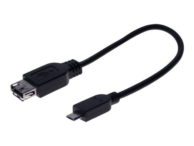 Kurzes schwarzes USB-Adapterkabel mit einer Standard-USB-A-Buchse und einem Micro-USB-Stecker auf weißem Hintergrund