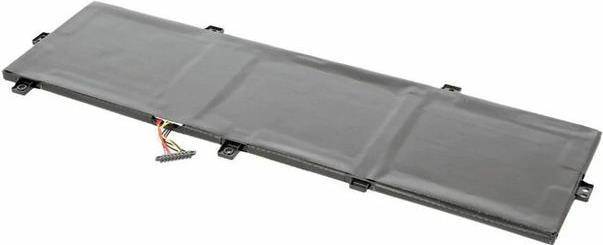 Eine flache, rechteckige schwarze interne Computerbatterie mit angebrachtem Anschluss-Draht, konstruiert zur Verwendung in elektronischen Geräten.