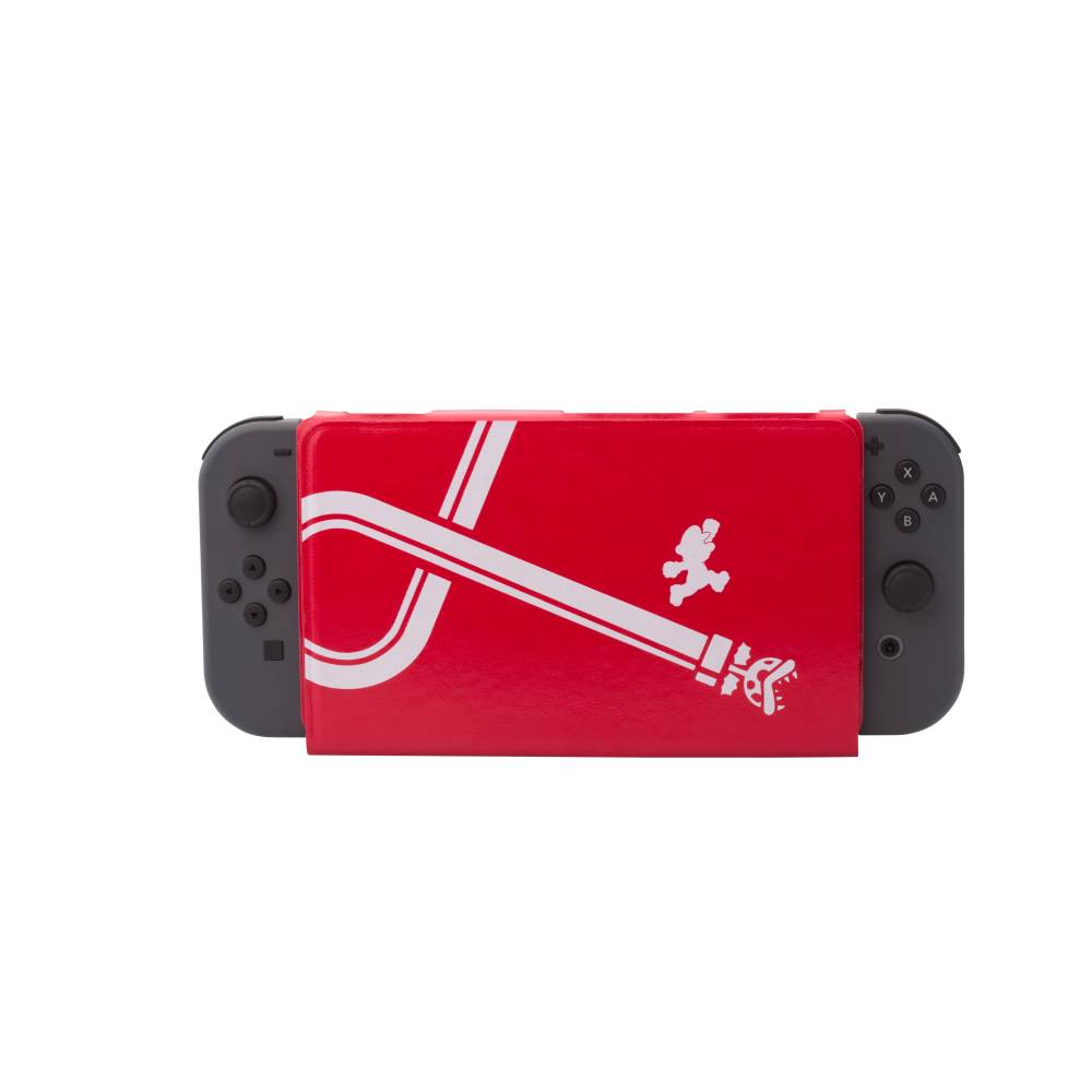 Nintendo Switch mit dunkelgrauen Controllern, eingehüllt in eine rote Mario-Themen-Docking-Station mit weißem Rohr und Mario-Grafiken.