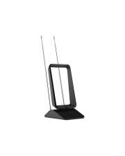 Schwarze Tischantenne mit zwei aufrechten Metallstäben auf kleinem Sockel.