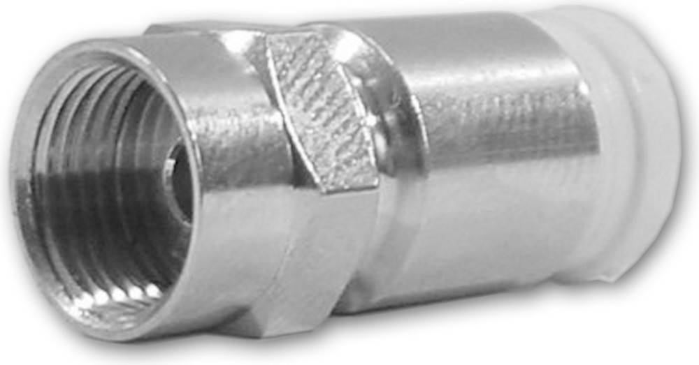 Ein metallischer sechseckiger Koaxialkabelstecker mit einer Gewindeendung, der üblicherweise zum Befestigen von Kabeln an kompatible Geräte verwendet wird.