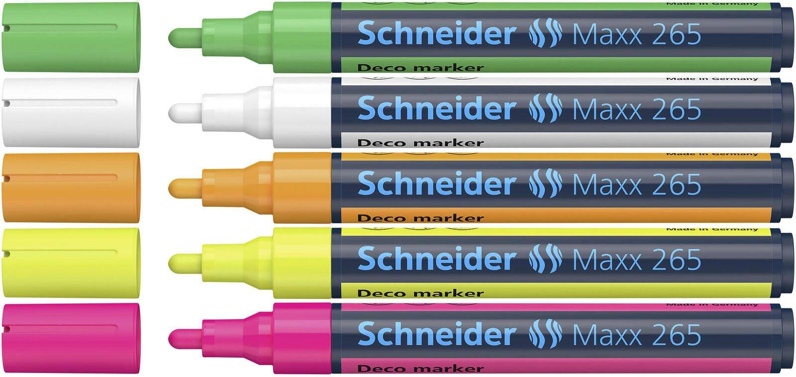 Fünf Schneider Maxx 265 deco Marker in Grün, Weiß, Orange, Gelb und Rosa, nebeneinander mit passenden Verschlüssen dargestellt.