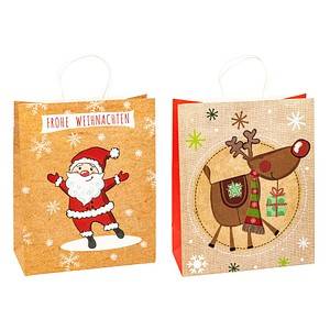Zwei Weihnachtsgeschenktüten mit Henkeln: eine orangefarbene Tasche mit dem Weihnachtsmann und 'FROHE WEIHNACHTEN', eine beigefarbene Tasche mit einer Illustration eines Rentiers und eines Geschenks.